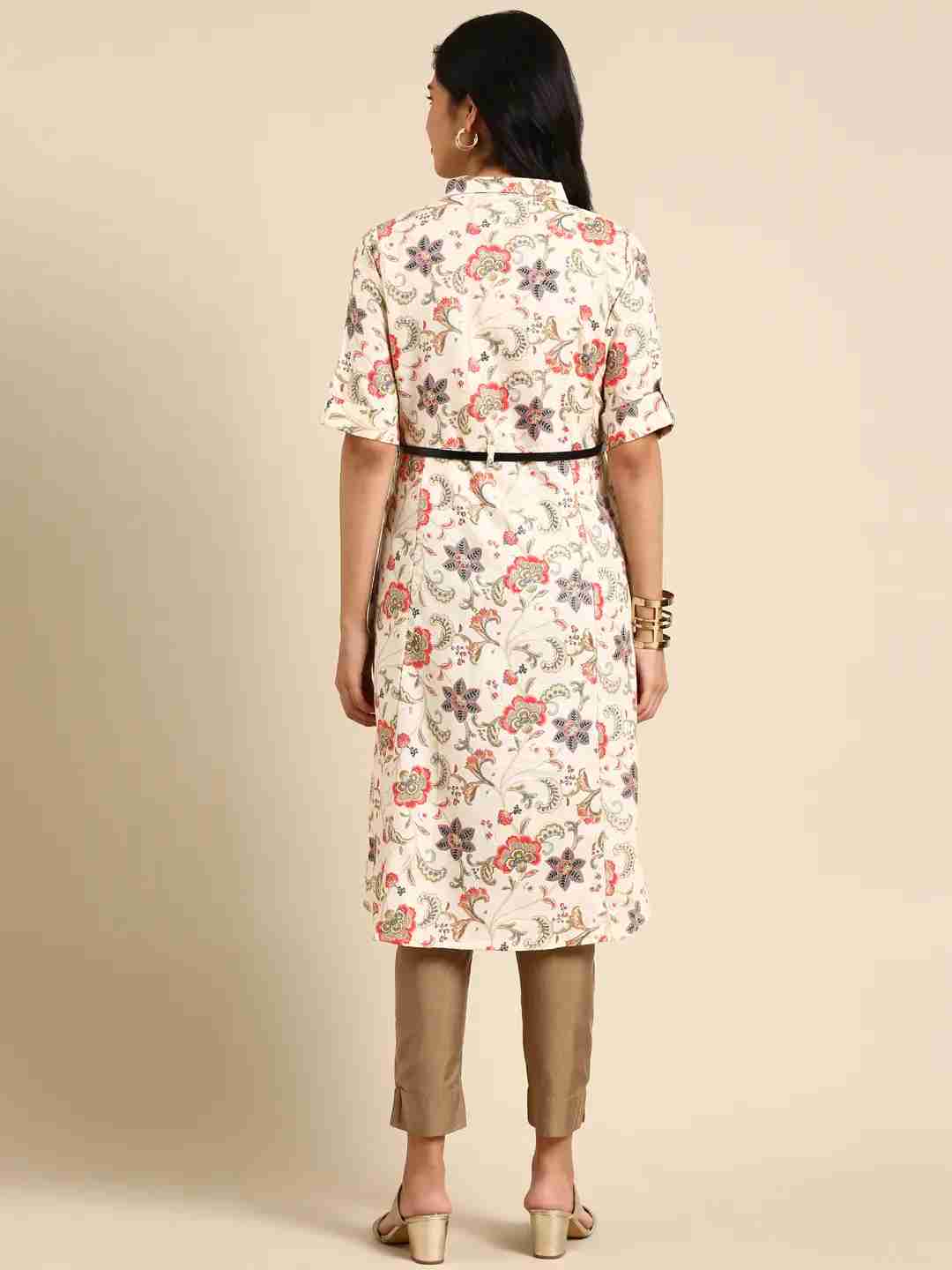 SHOWOFF Women Beige Floral Shirt Collar Short Sleeves Mid Length Anarkali Kurta