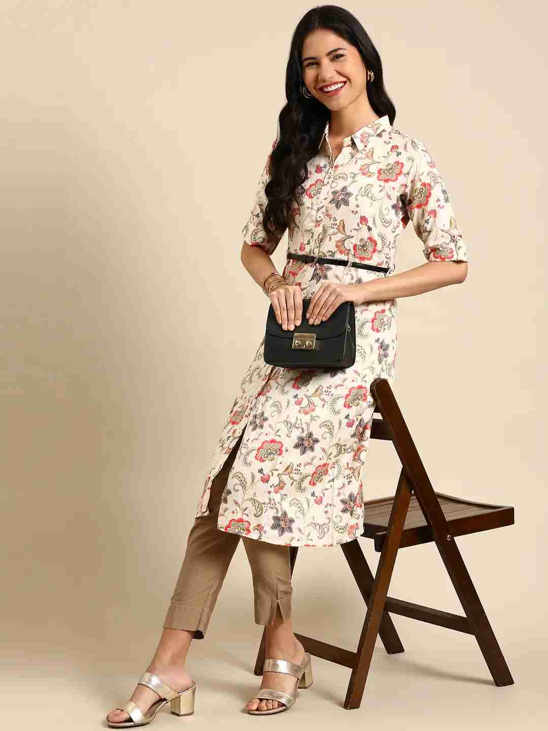 SHOWOFF Women Beige Floral Shirt Collar Short Sleeves Mid Length Anarkali Kurta