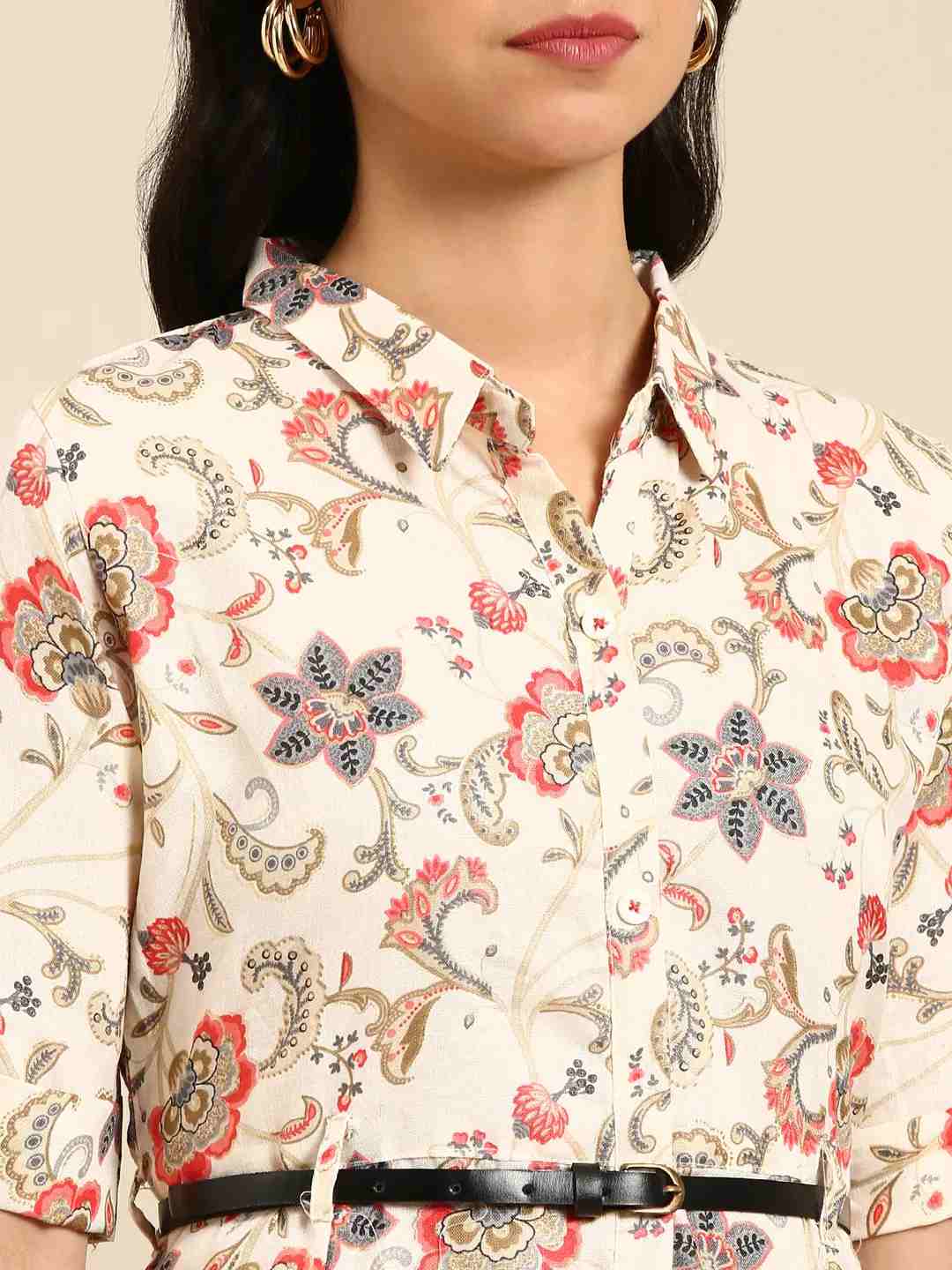 SHOWOFF Women Beige Floral Shirt Collar Short Sleeves Mid Length Anarkali Kurta