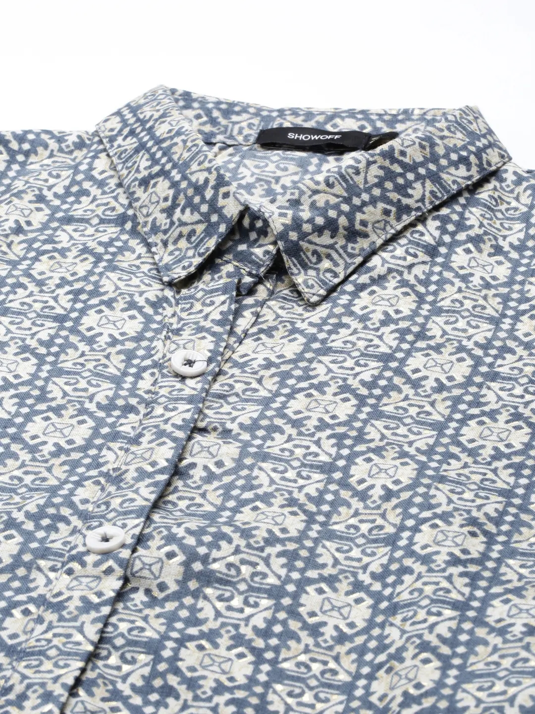 Showoff | SHOWOFF Women Blue Ethnic Motifs  Shirt Collar Short Sleeves Mid Length A-Line Kurta 1