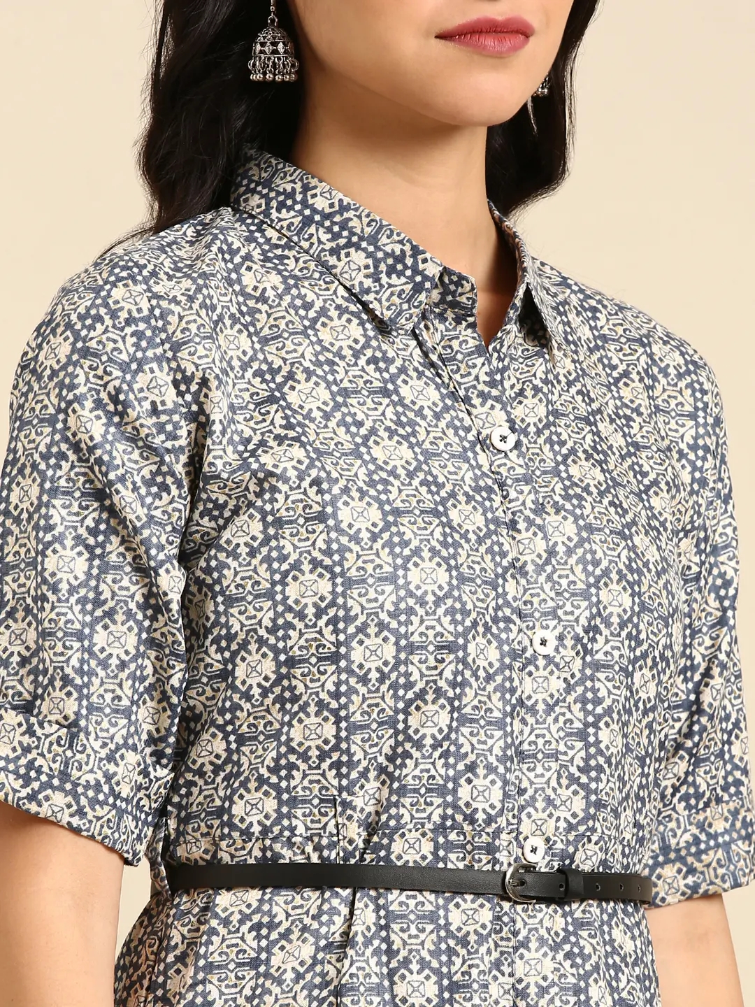 Showoff | SHOWOFF Women Blue Ethnic Motifs  Shirt Collar Short Sleeves Mid Length A-Line Kurta 6