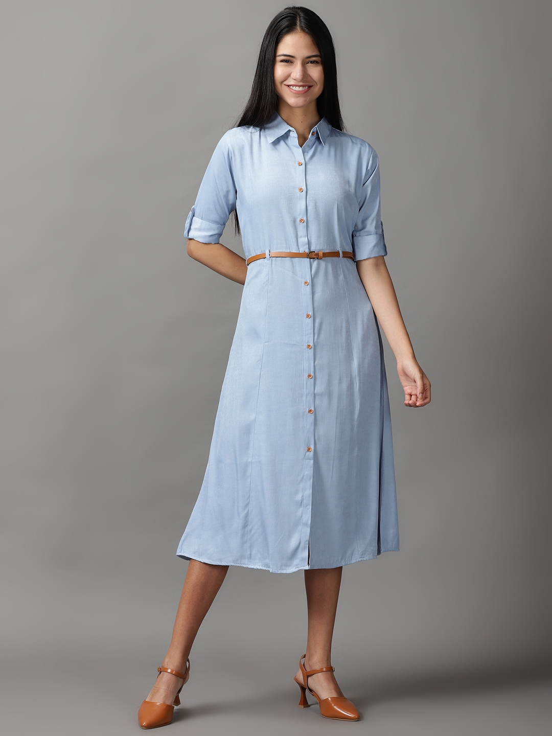 SHOWOFF Women Blue Solid Shirt Collar Short Sleeves Maxi Fit and