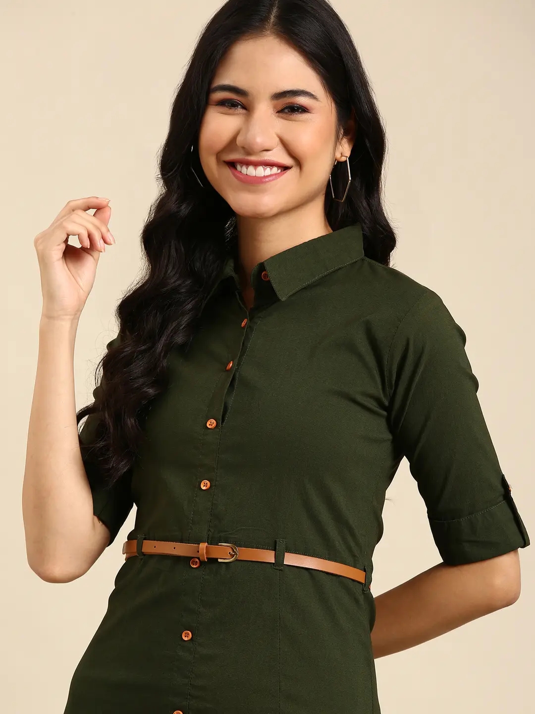 Showoff | SHOWOFF Women Olive Solid Shirt Collar Short Sleeves Mid Length A-Line Kurta 0