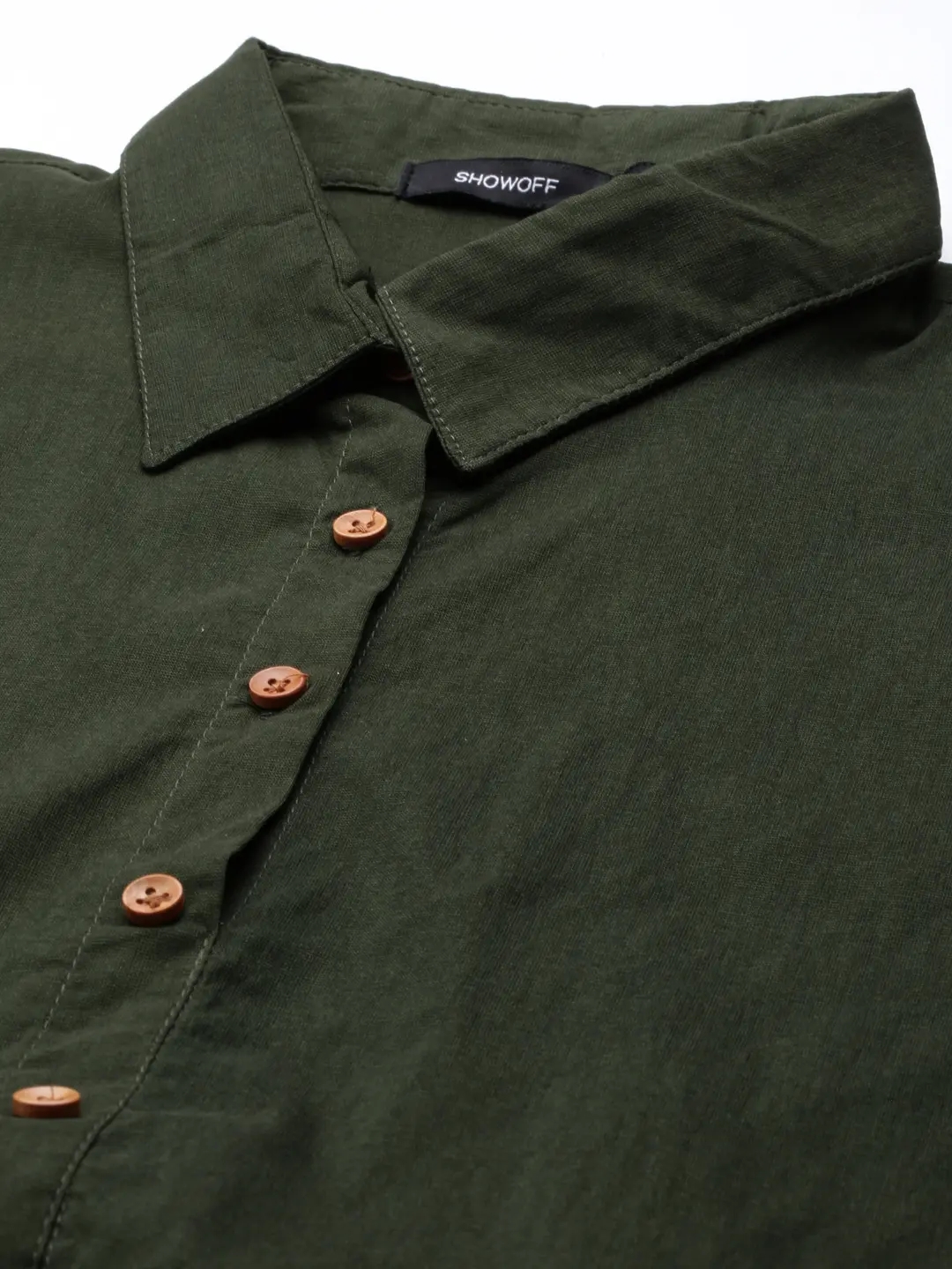 Showoff | SHOWOFF Women Olive Solid Shirt Collar Short Sleeves Mid Length A-Line Kurta 1