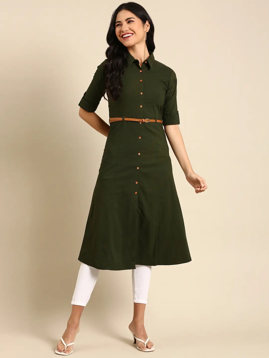 Showoff | SHOWOFF Women Olive Solid Shirt Collar Short Sleeves Mid Length A-Line Kurta 3