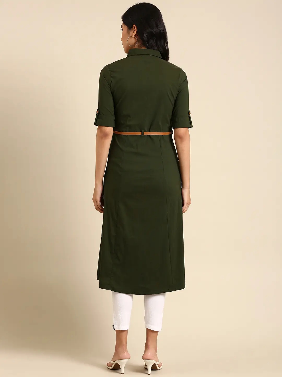 Showoff | SHOWOFF Women Olive Solid Shirt Collar Short Sleeves Mid Length A-Line Kurta 4