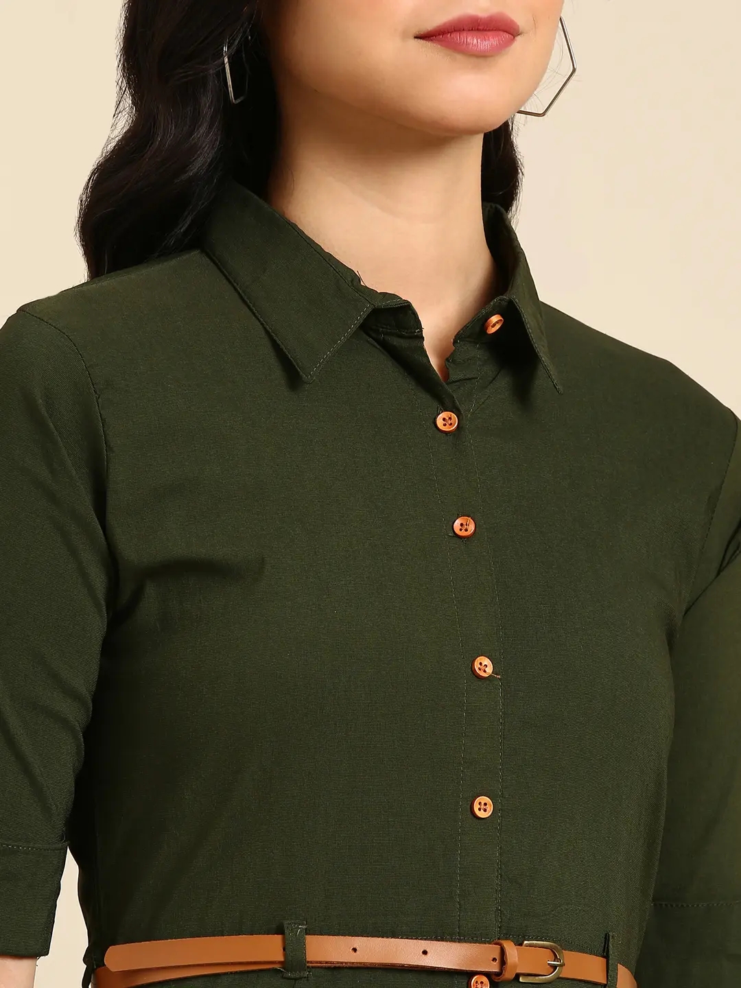 Showoff | SHOWOFF Women Olive Solid Shirt Collar Short Sleeves Mid Length A-Line Kurta 6