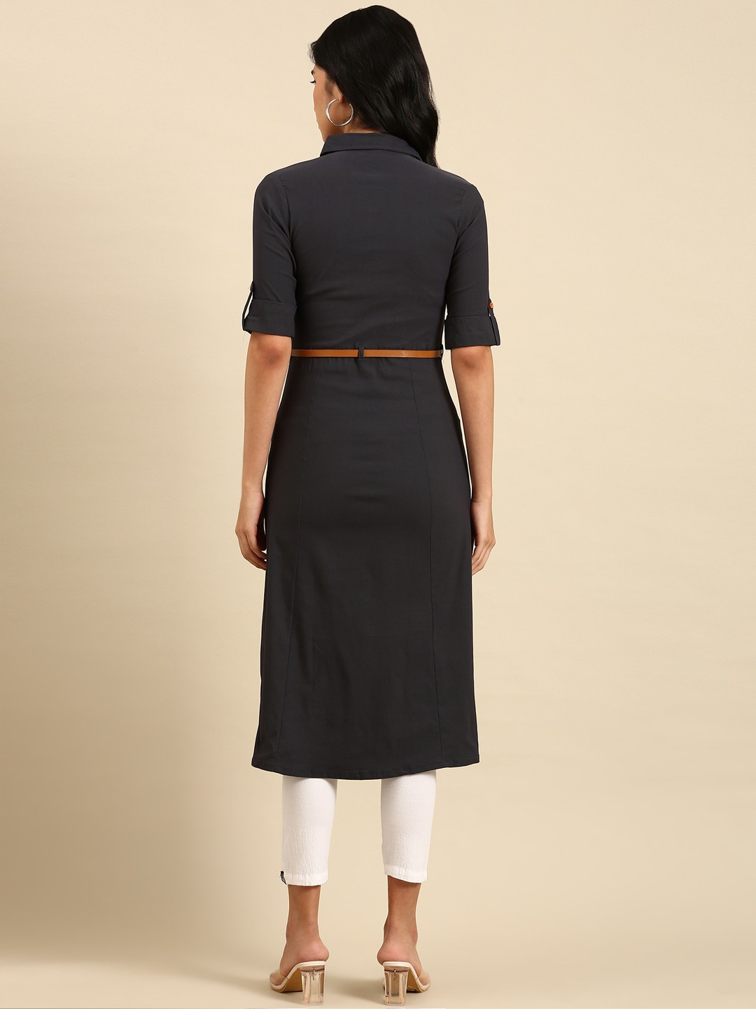 SHOWOFF Women's Shirt Collar Solid Grey A-Line Kurta
