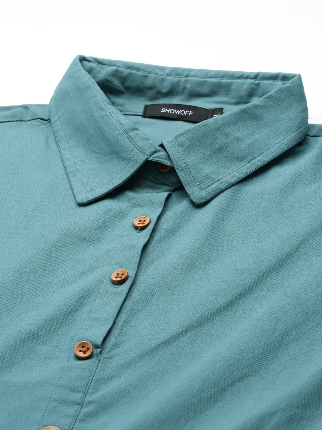 Showoff | SHOWOFF Women Teal Solid Shirt Collar Short Sleeves Mid Length A-Line Kurta 1