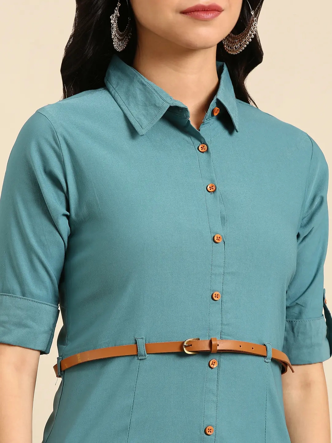 Showoff | SHOWOFF Women Teal Solid Shirt Collar Short Sleeves Mid Length A-Line Kurta 6