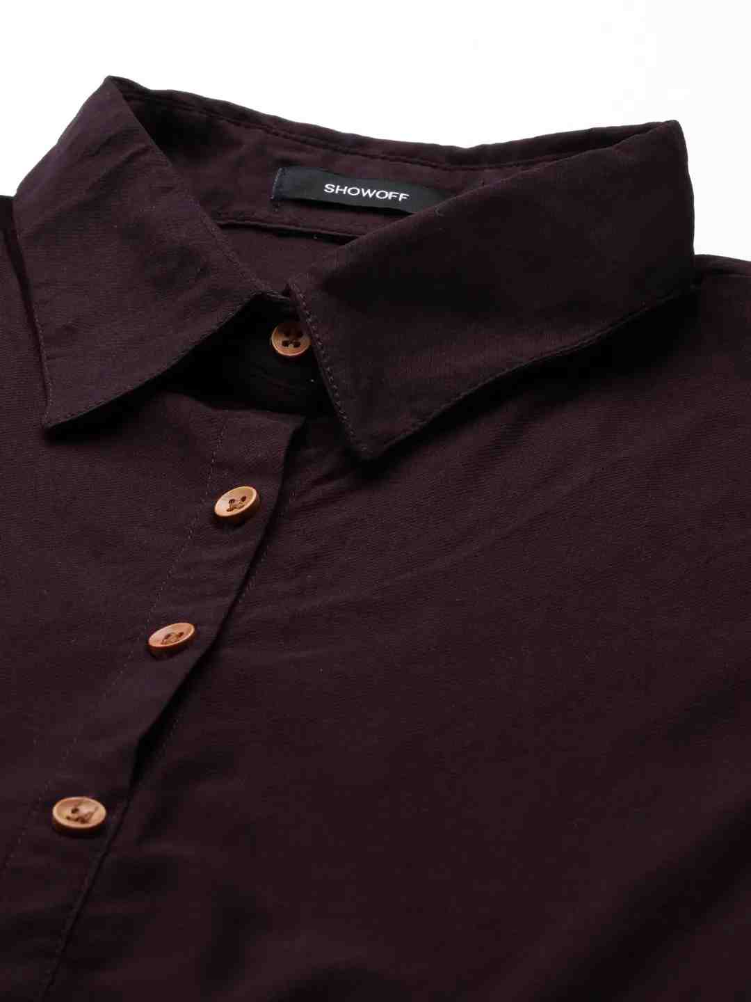 SHOWOFF Women Violet Solid Shirt Collar Short Sleeves Mid Length A-Line Kurta