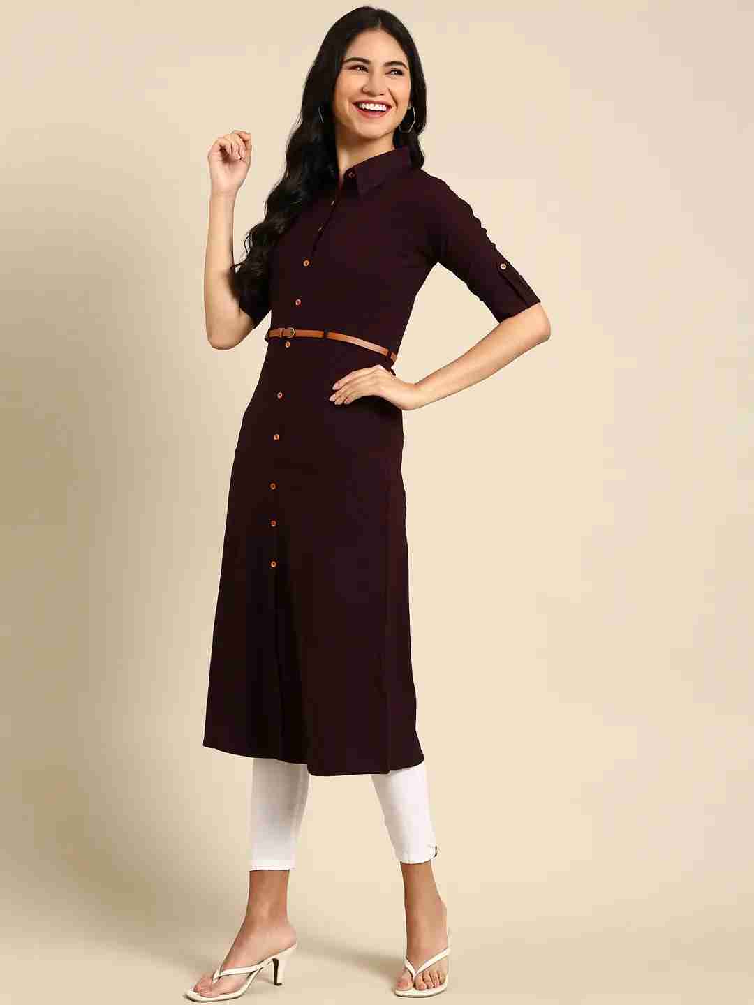 SHOWOFF Women Violet Solid Shirt Collar Short Sleeves Mid Length A-Line Kurta