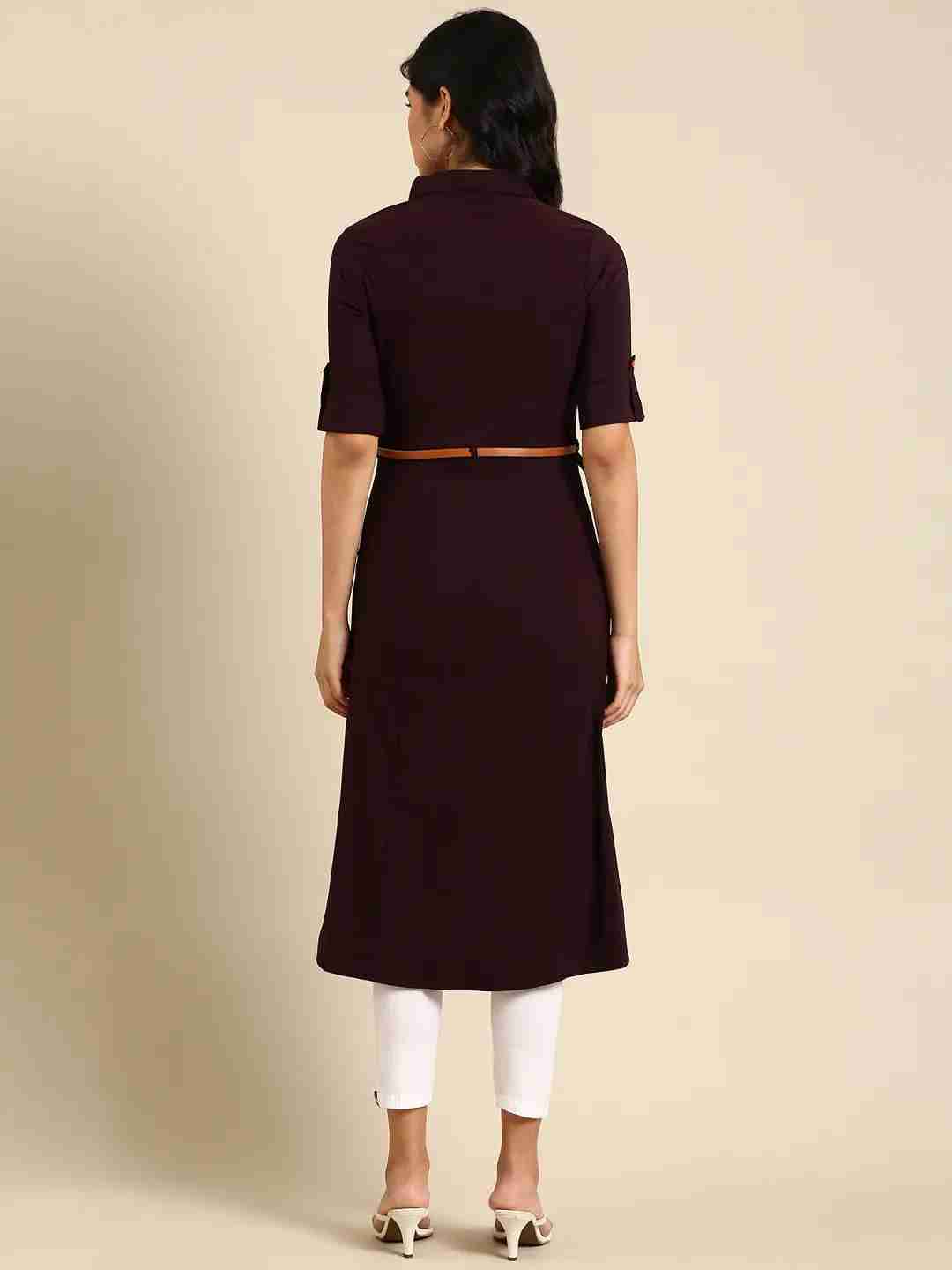SHOWOFF Women Violet Solid Shirt Collar Short Sleeves Mid Length A-Line Kurta
