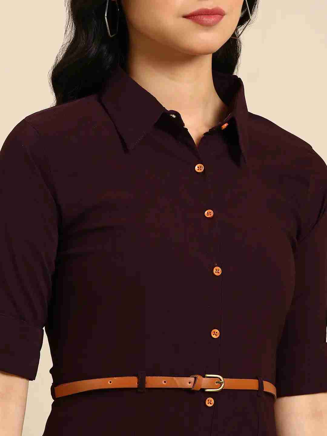 SHOWOFF Women Violet Solid Shirt Collar Short Sleeves Mid Length A-Line Kurta