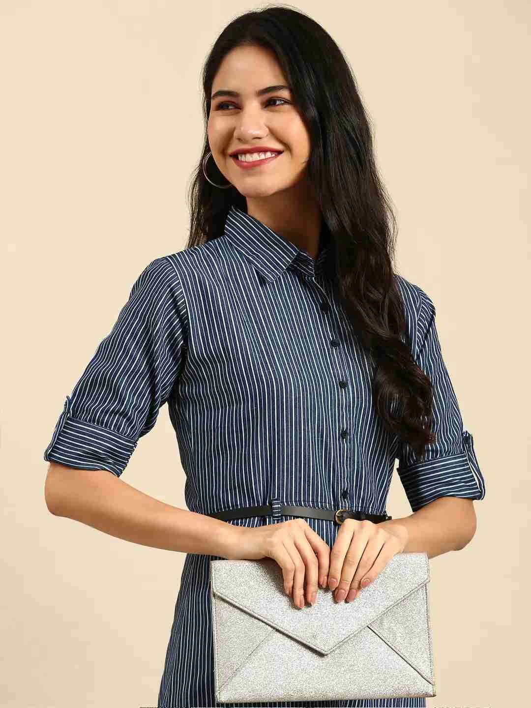 SHOWOFF Women Navy Blue Striped Shirt Collar Short Sleeves Mid Length A-Line Kurta