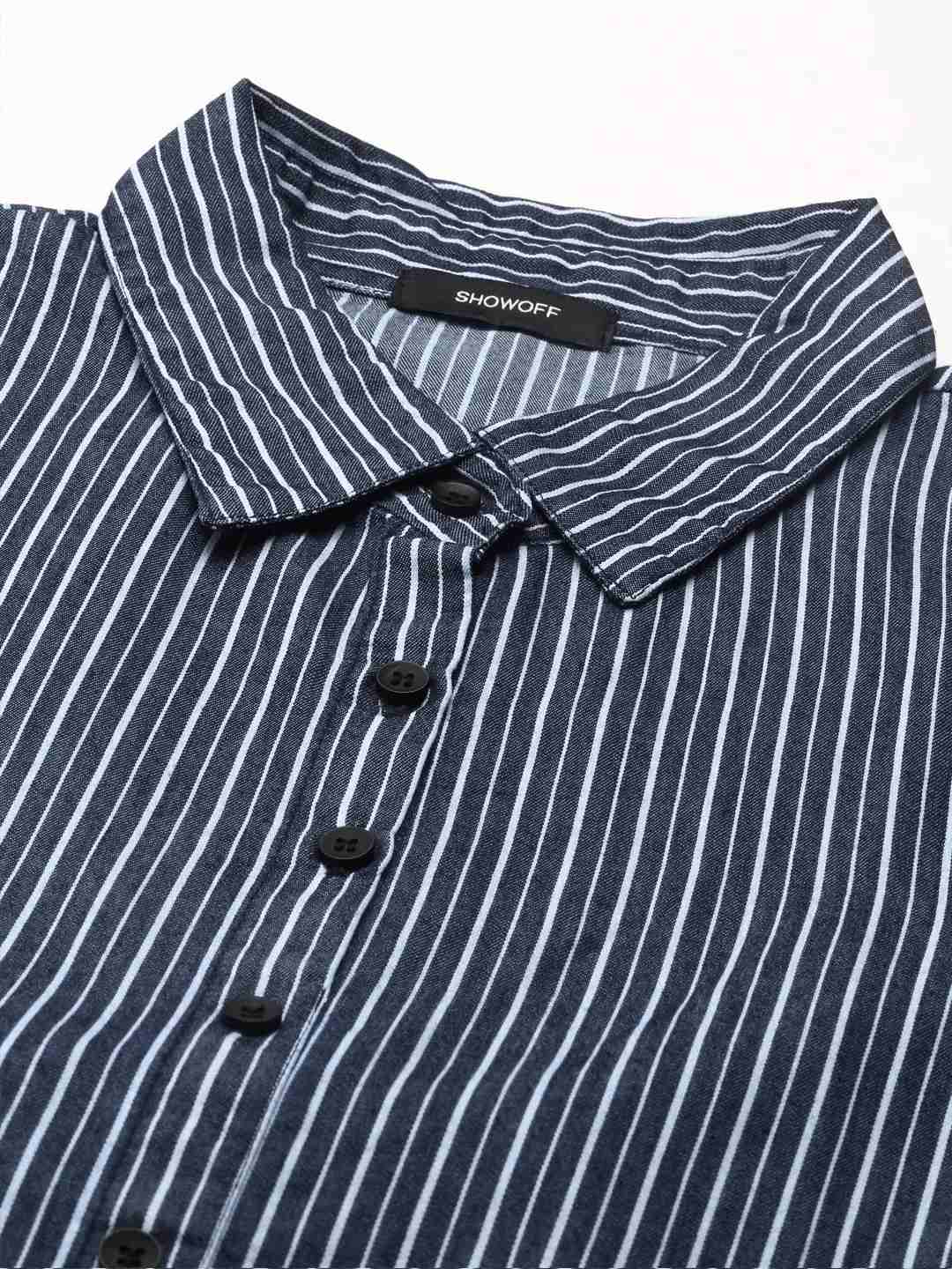 SHOWOFF Women Navy Blue Striped Shirt Collar Short Sleeves Mid Length A-Line Kurta