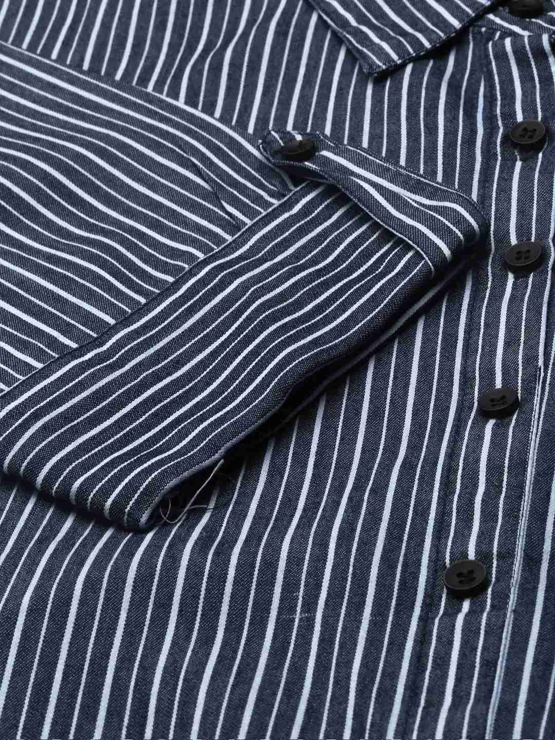 SHOWOFF Women Navy Blue Striped Shirt Collar Short Sleeves Mid Length A-Line Kurta