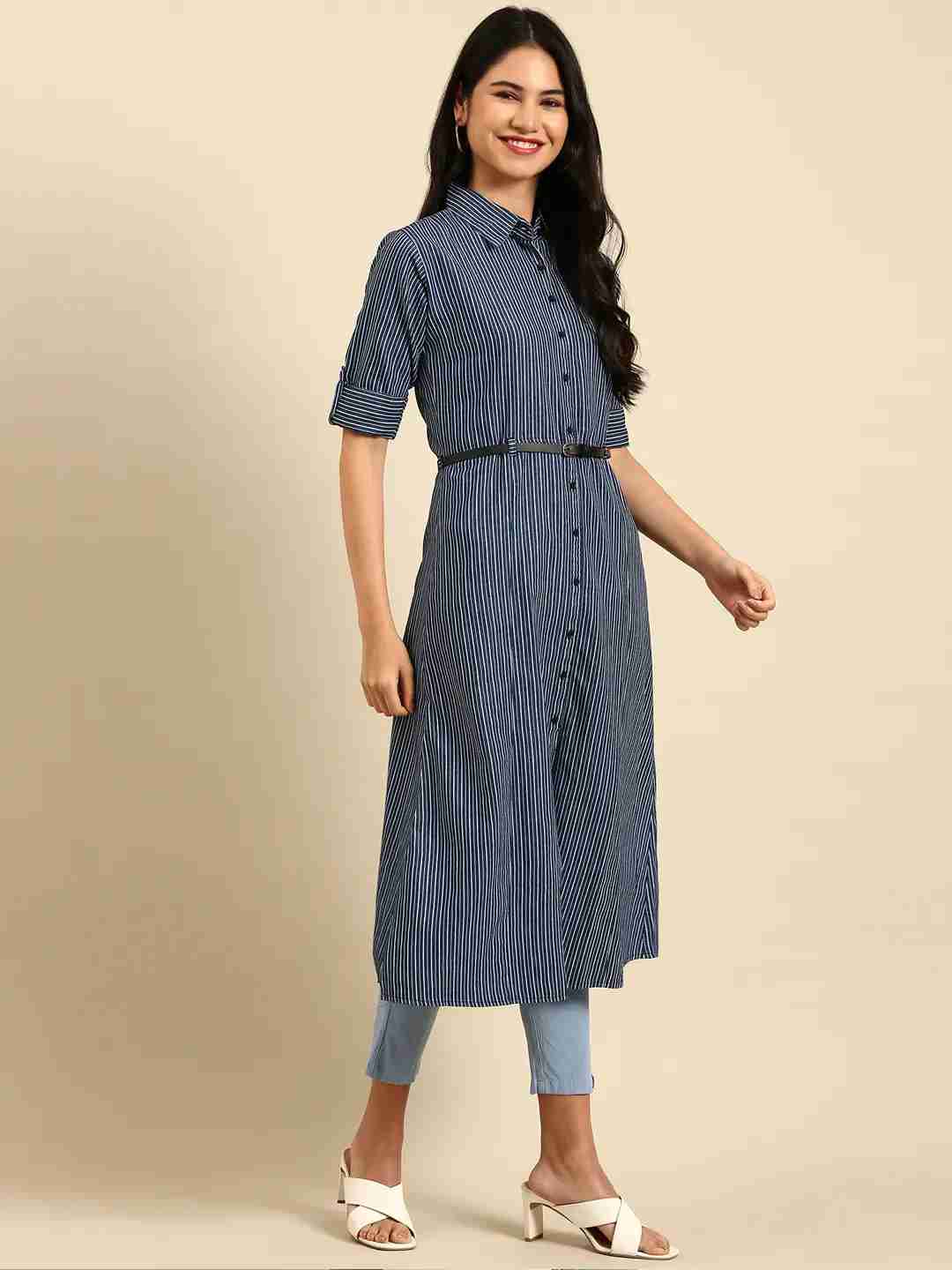 SHOWOFF Women Navy Blue Striped Shirt Collar Short Sleeves Mid Length A-Line Kurta