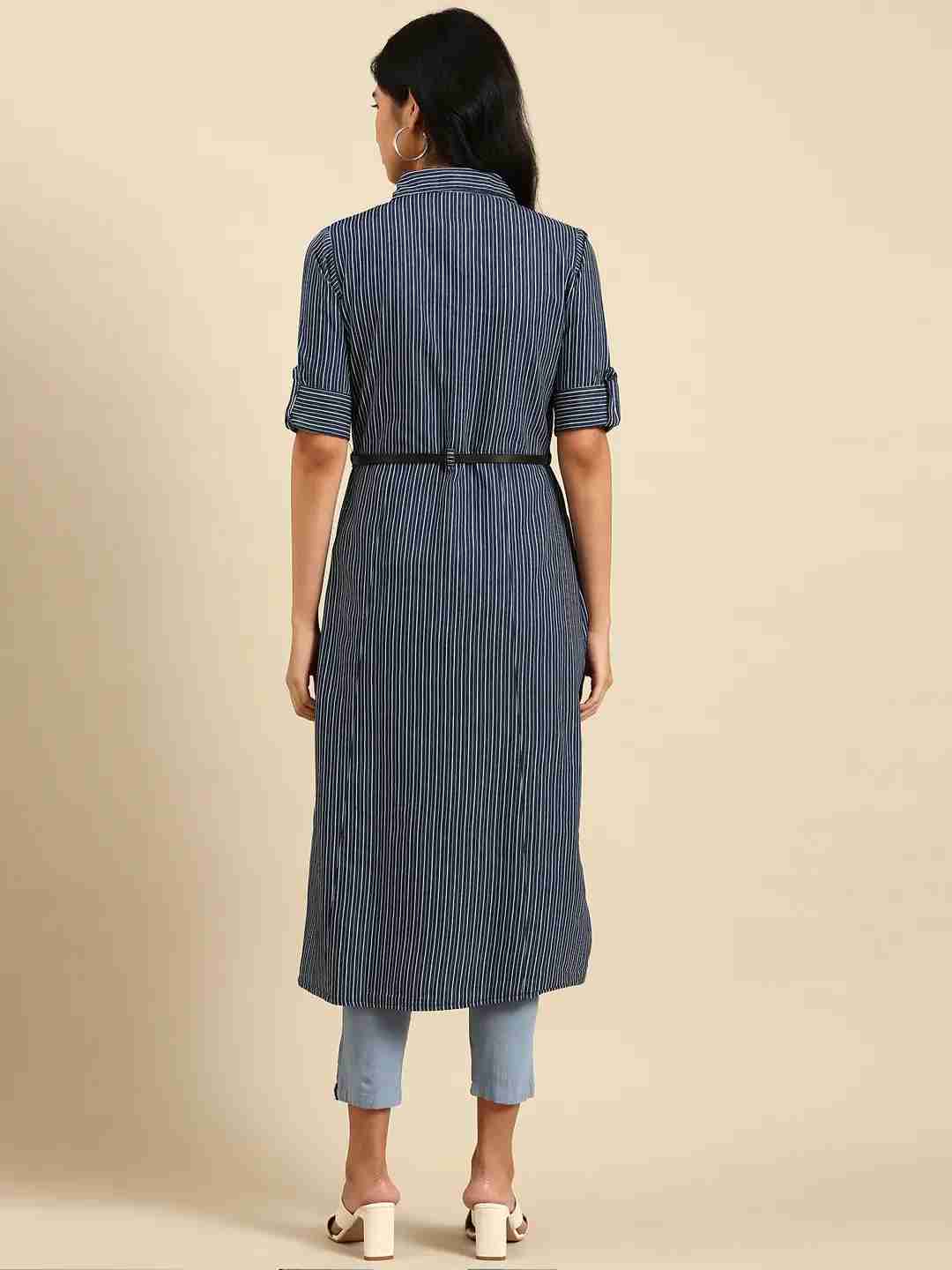 SHOWOFF Women Navy Blue Striped Shirt Collar Short Sleeves Mid Length A-Line Kurta