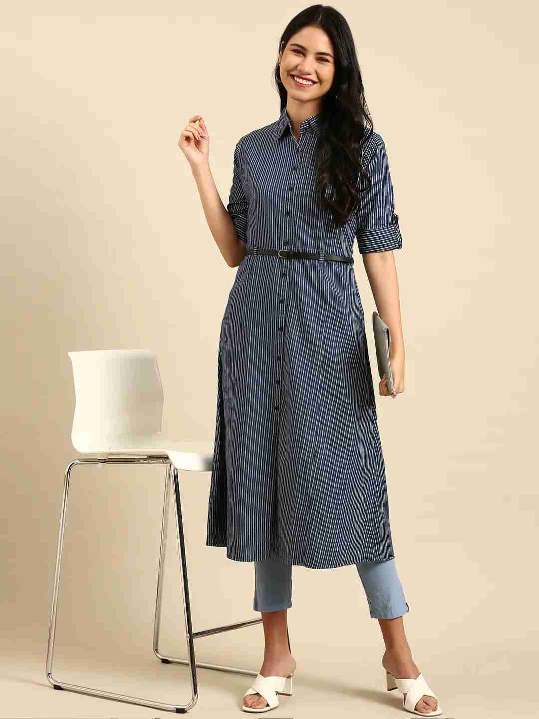 SHOWOFF Women Navy Blue Striped Shirt Collar Short Sleeves Mid Length A-Line Kurta