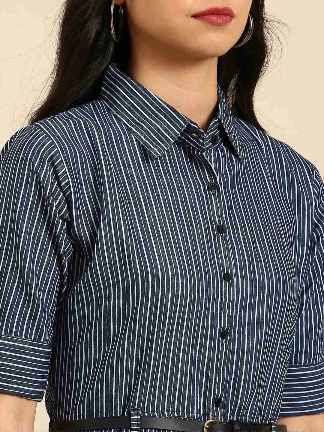 SHOWOFF Women Navy Blue Striped Shirt Collar Short Sleeves Mid Length A-Line Kurta