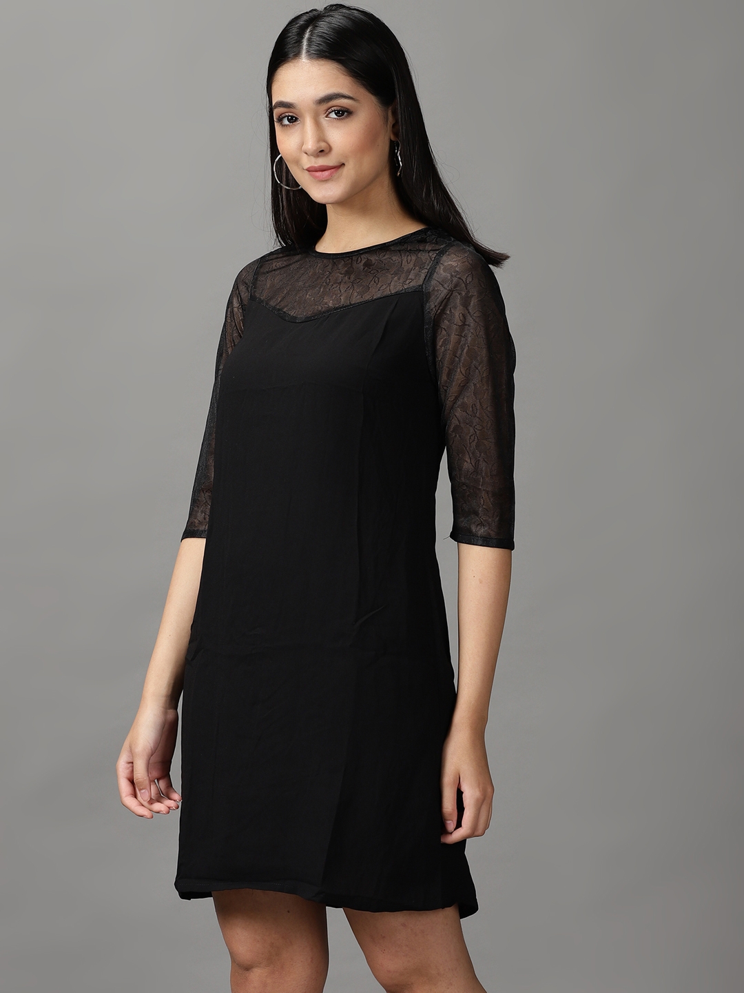 Black Three Quarter Sleeve A Line Dress