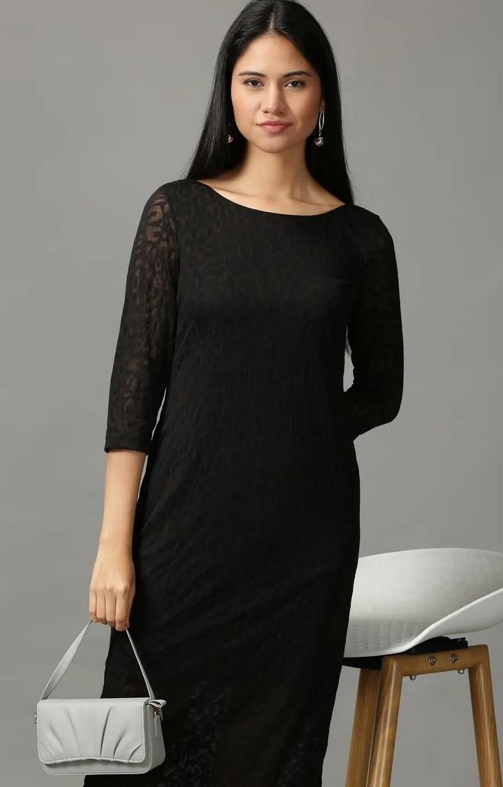 Showoff | SHOWOFF Women Black Solid Boat Neck Three-Quarter Sleeves Above Knee Bodycon Dress 1
