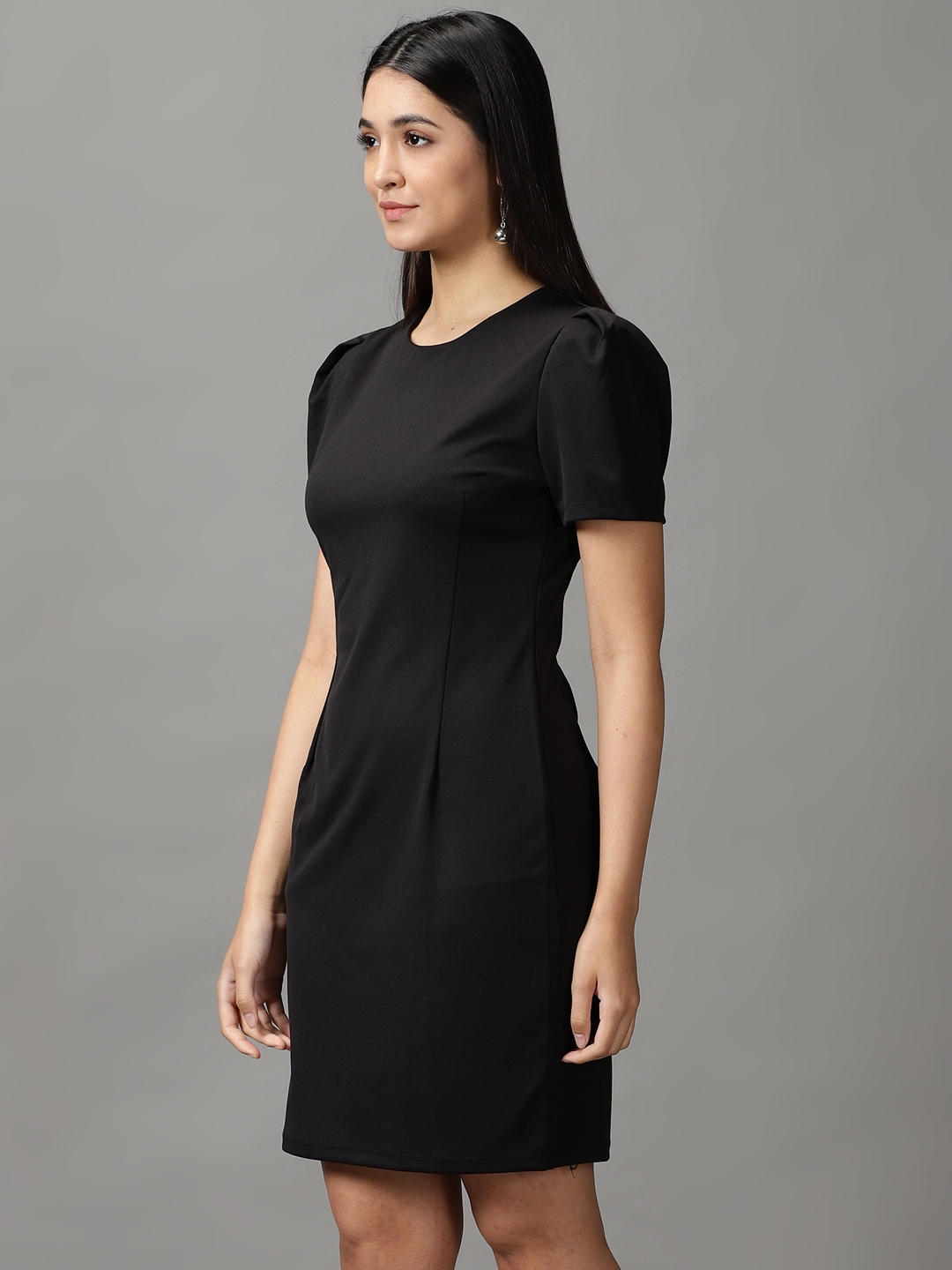 Showoff | SHOWOFF Women Black Solid Round Neck Short Sleeves Above Knee Bodycon Dress 2