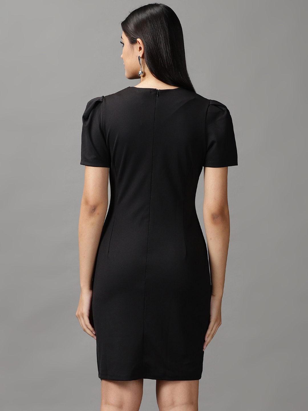 Showoff | SHOWOFF Women Black Solid Round Neck Short Sleeves Above Knee Bodycon Dress 3