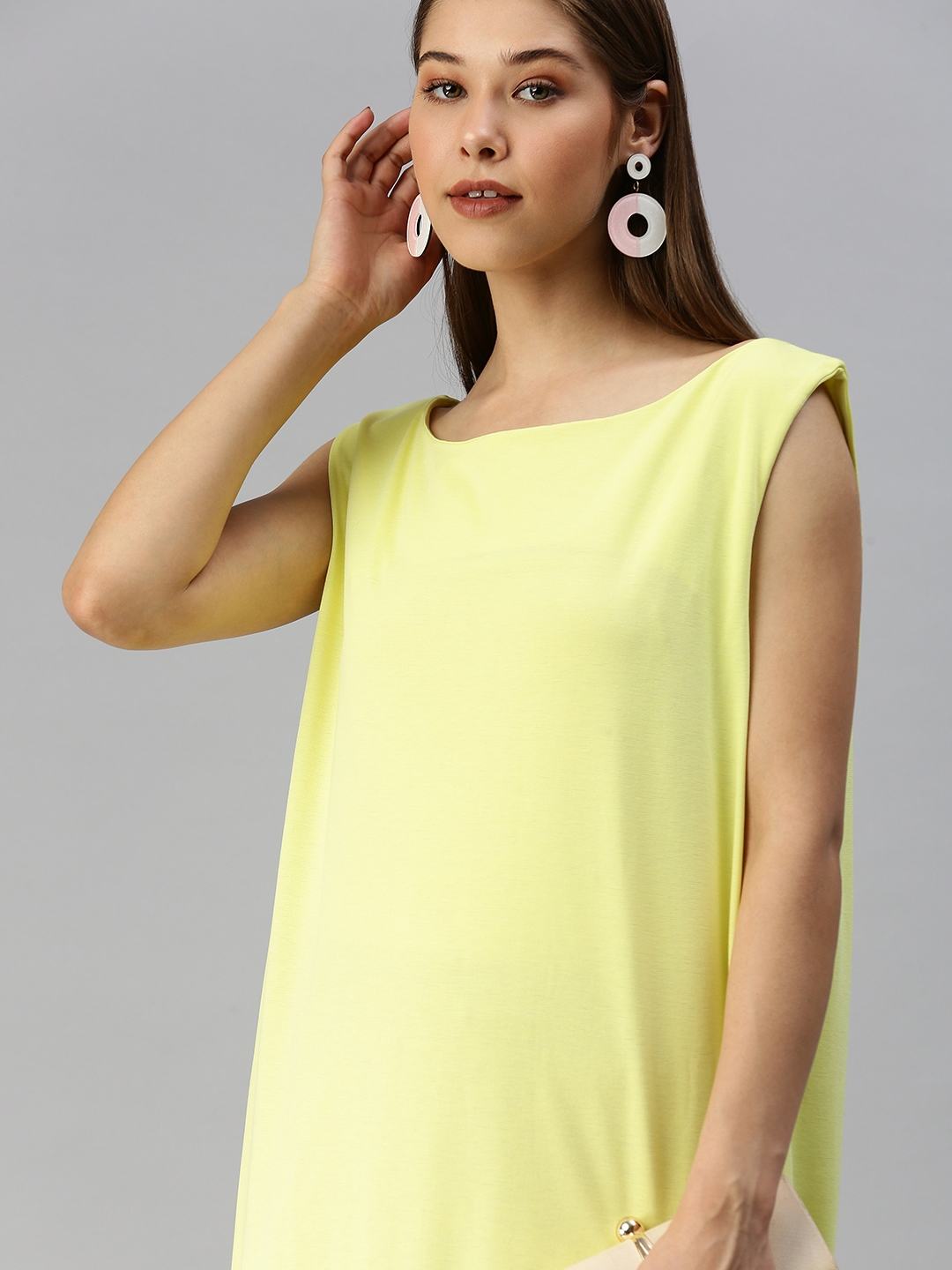 Showoff | SHOWOFF Women Yellow Solid Round Neck Sleeveless Knee length T-shirt Dress 0