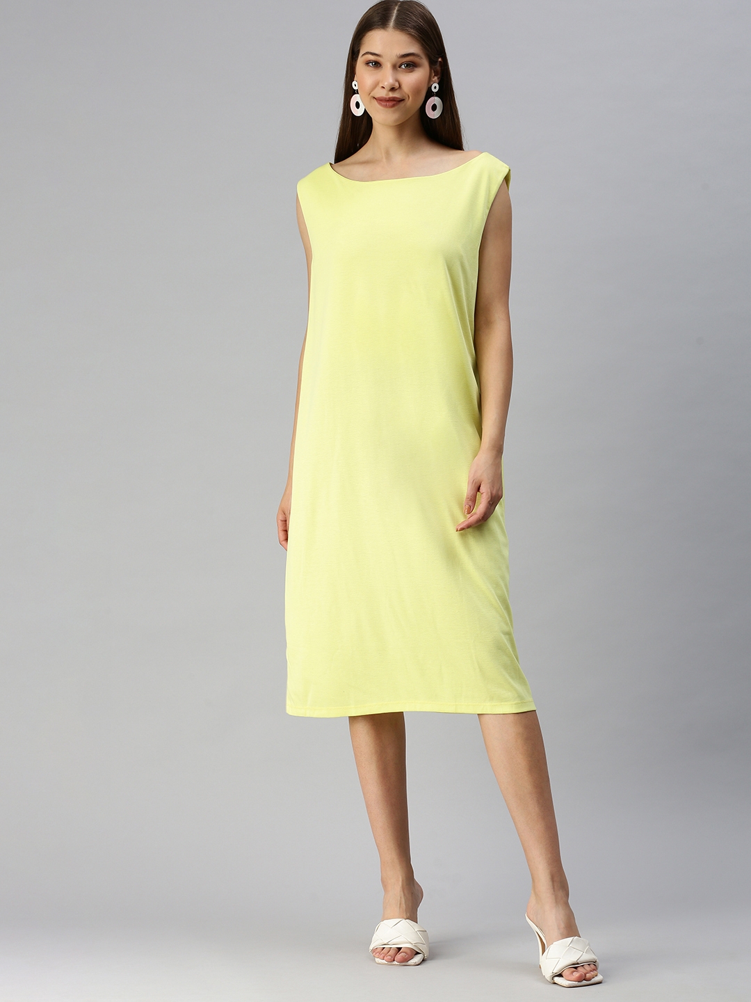 Showoff | SHOWOFF Women Yellow Solid Round Neck Sleeveless Knee length T-shirt Dress 1