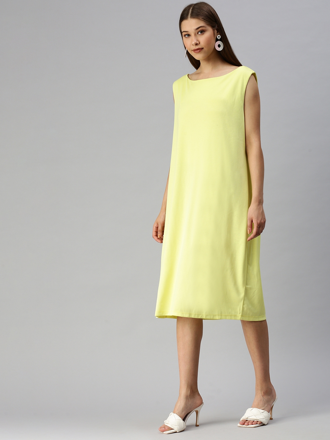 Showoff | SHOWOFF Women Yellow Solid Round Neck Sleeveless Knee length T-shirt Dress 2
