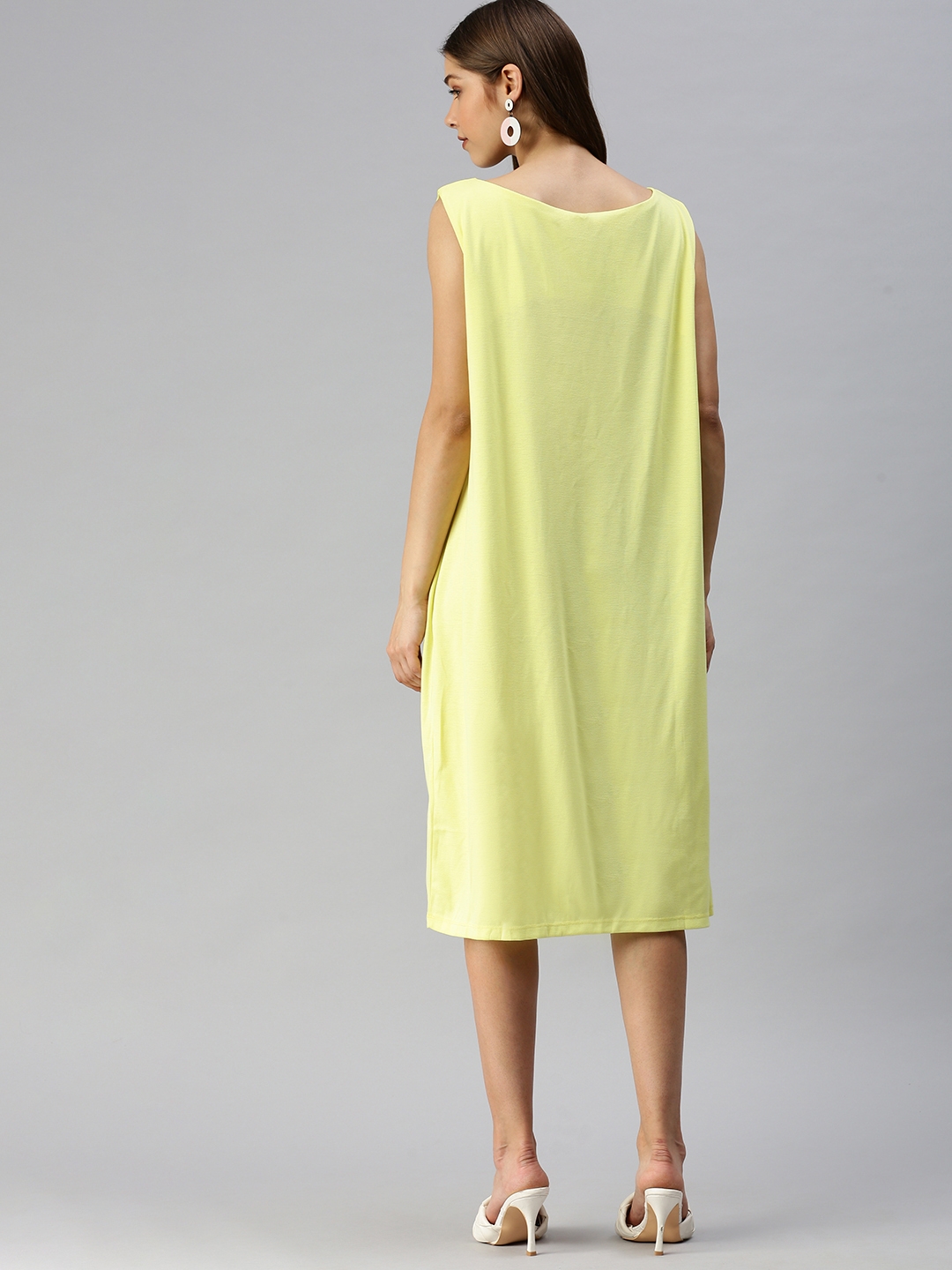 Showoff | SHOWOFF Women Yellow Solid Round Neck Sleeveless Knee length T-shirt Dress 3