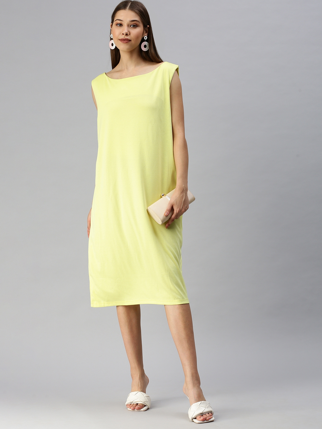 Showoff | SHOWOFF Women Yellow Solid Round Neck Sleeveless Knee length T-shirt Dress 4