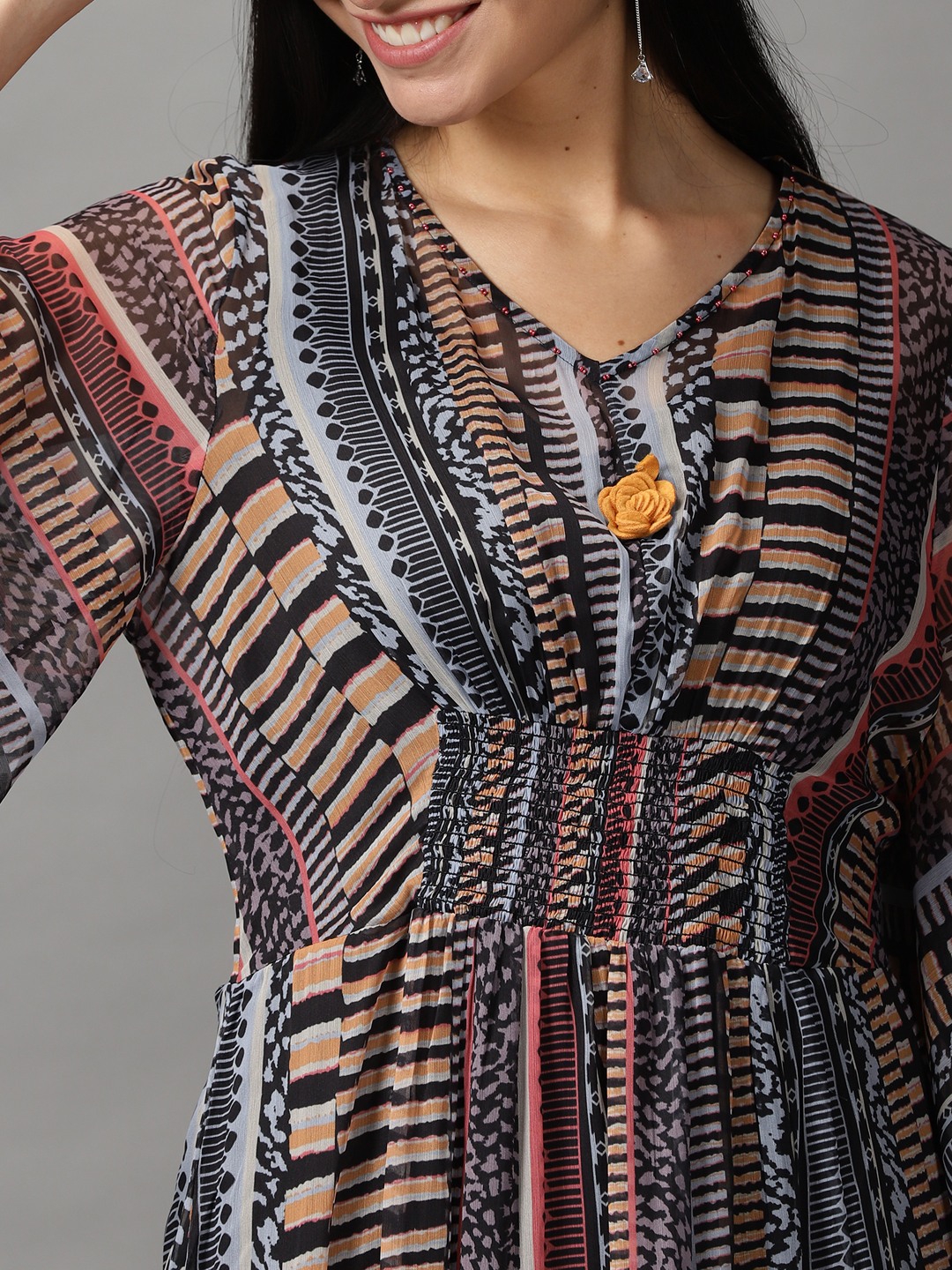 SHOWOFF Women Black Tribal V Neck Three-Quarter Sleeves Midi Kaftan Dress