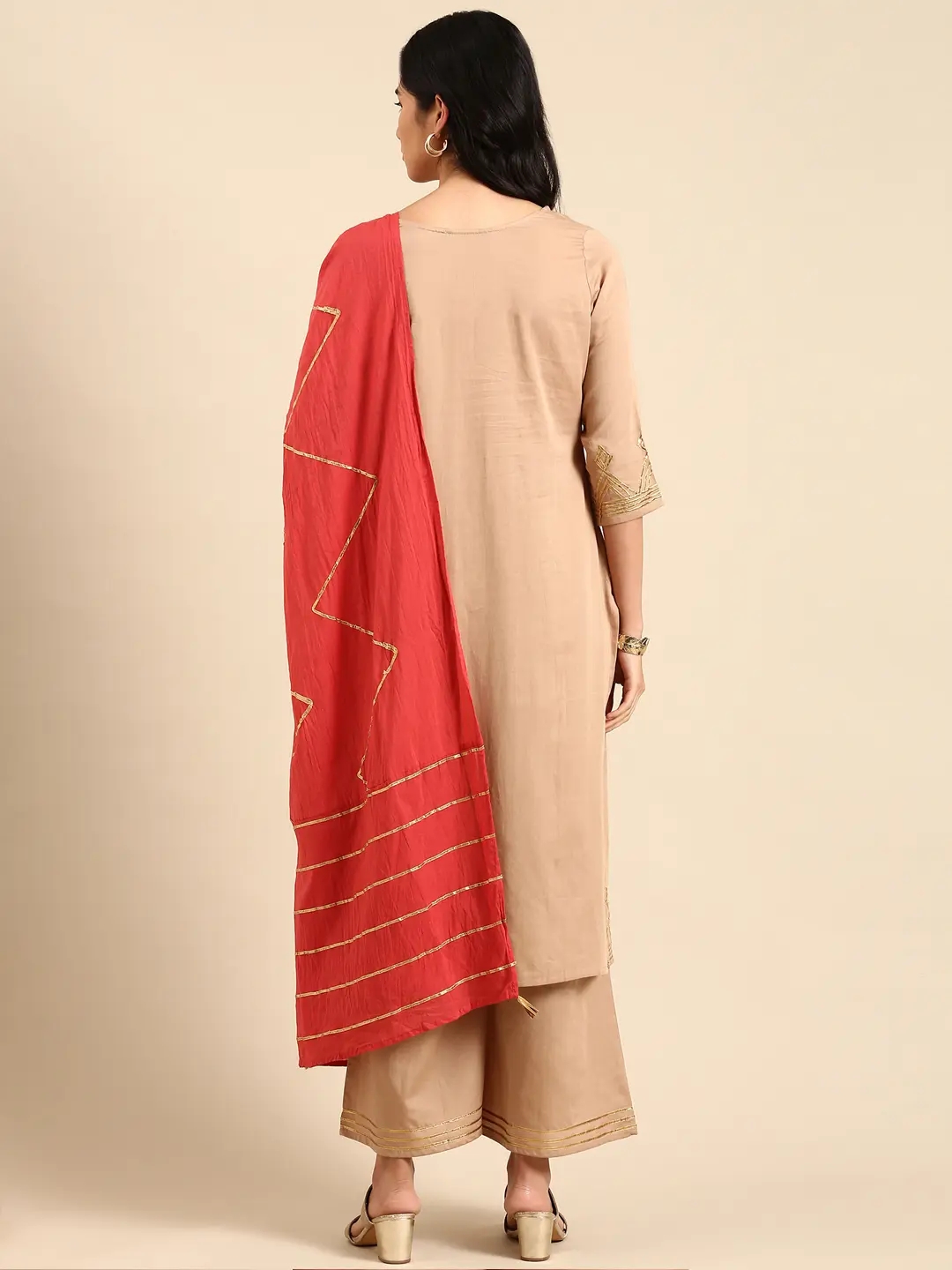 Showoff | SHOWOFF Women Khaki Embroidered  Round Neck Three-Quarter Sleeves Mid Length Straight Kurta Set 4