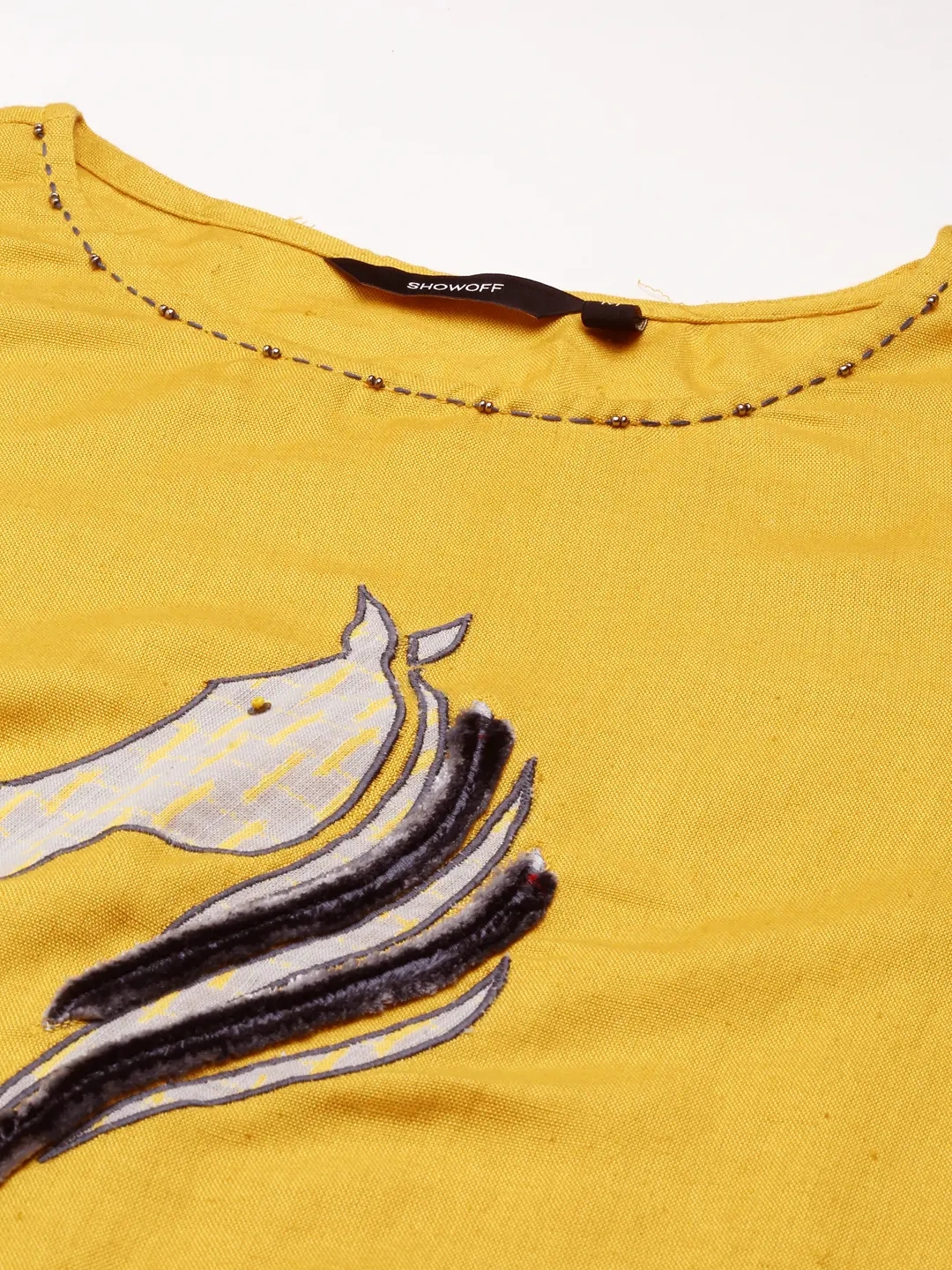 Showoff | SHOWOFF Women Mustard Solid Scoop Neck Three-Quarter Sleeves Mid Length Straight Kurta Set 1