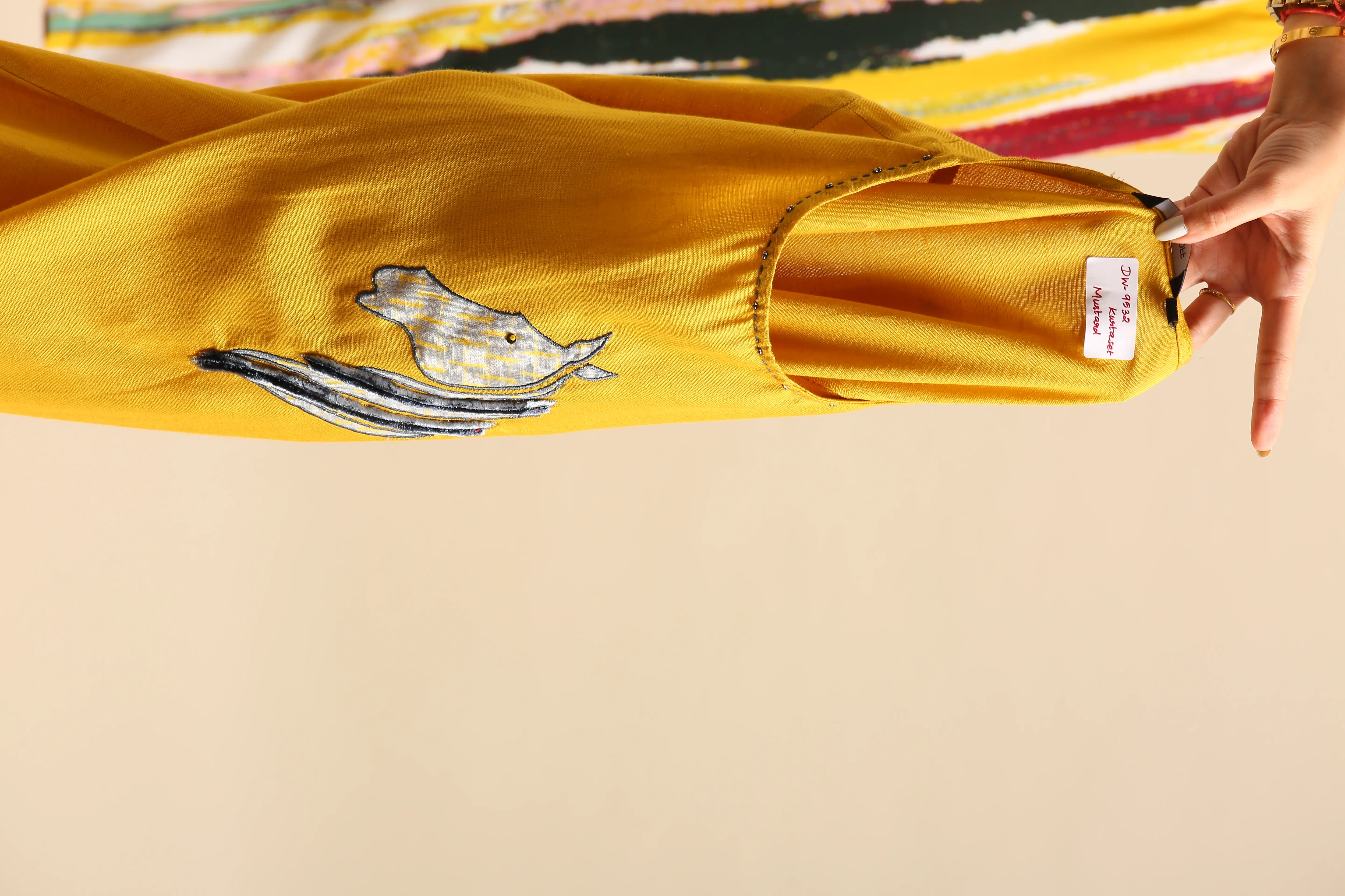 Showoff | SHOWOFF Women Mustard Solid Scoop Neck Three-Quarter Sleeves Mid Length Straight Kurta Set 8