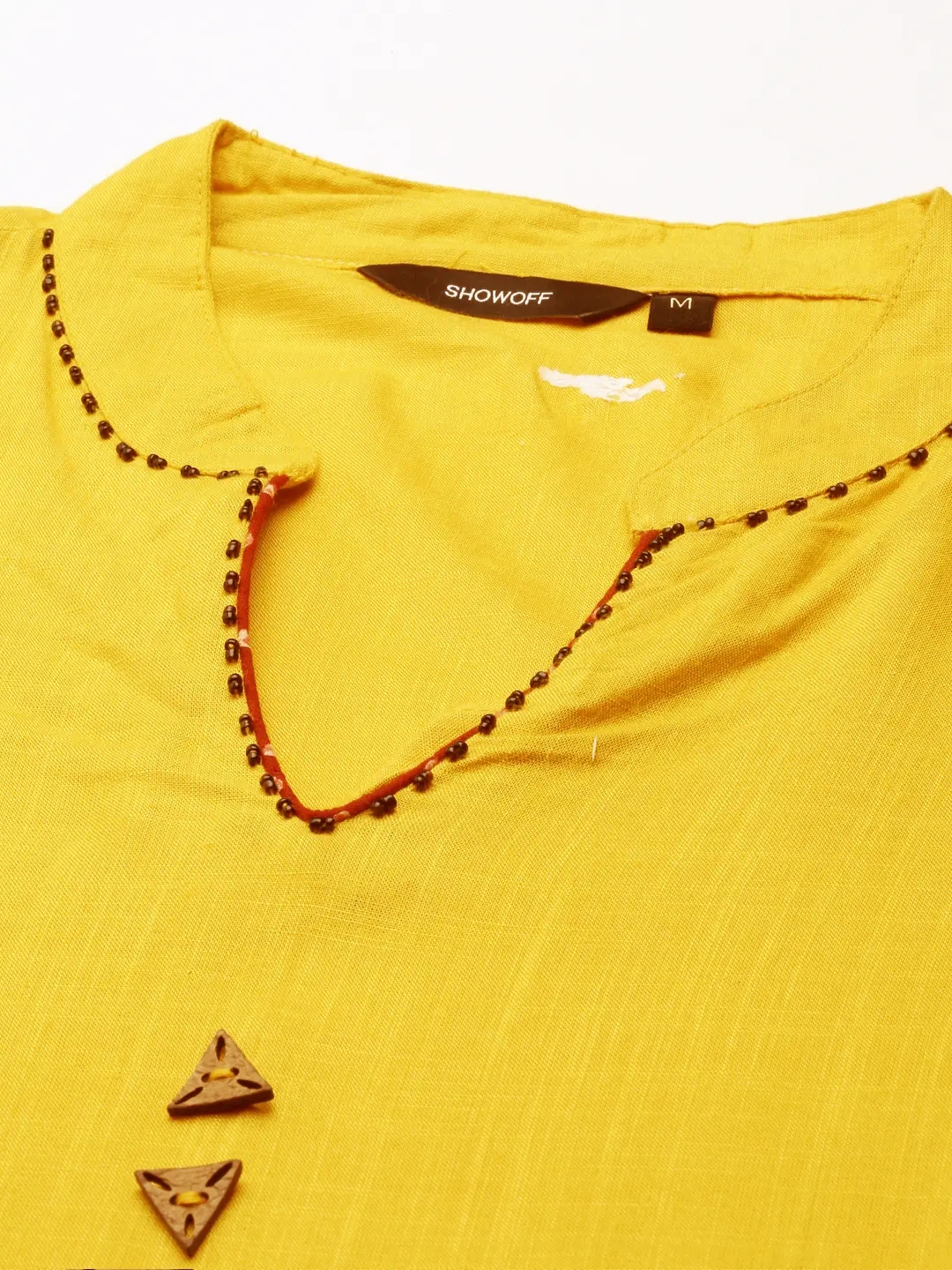 Showoff | SHOWOFF Women Yellow Solid Mandarin Collar Three-Quarter Sleeves Mid Length Straight Kurta Set 1