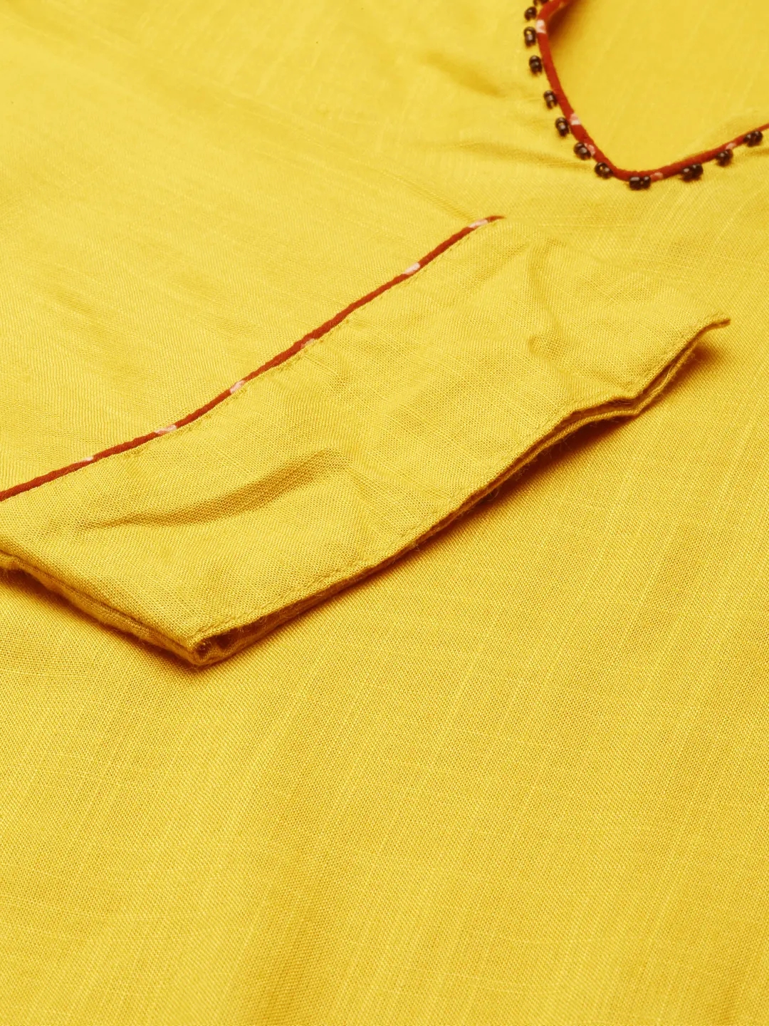 Showoff | SHOWOFF Women Yellow Solid Mandarin Collar Three-Quarter Sleeves Mid Length Straight Kurta Set 2