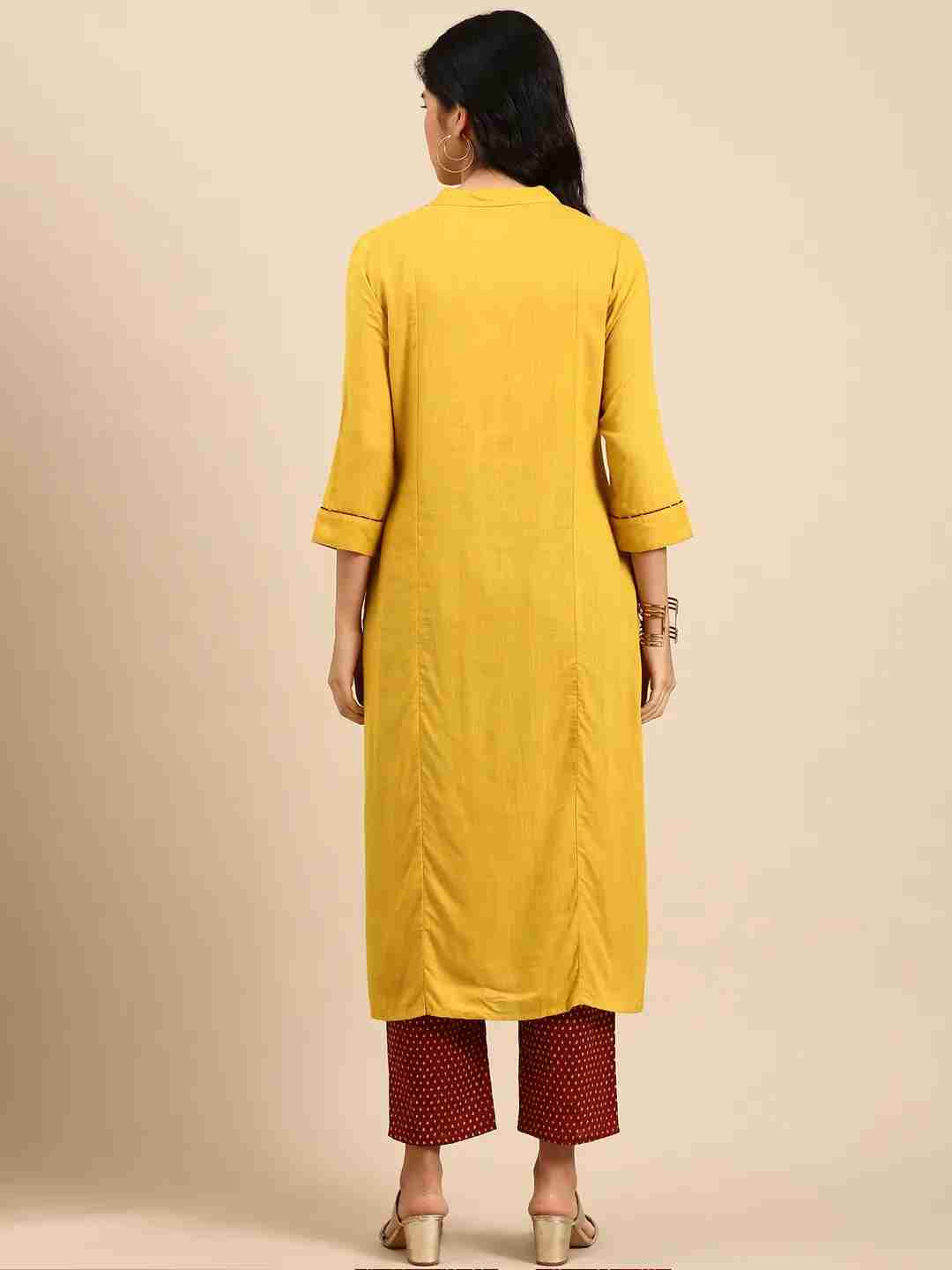 Showoff | SHOWOFF Women Yellow Solid Mandarin Collar Three-Quarter Sleeves Mid Length Straight Kurta Set 4