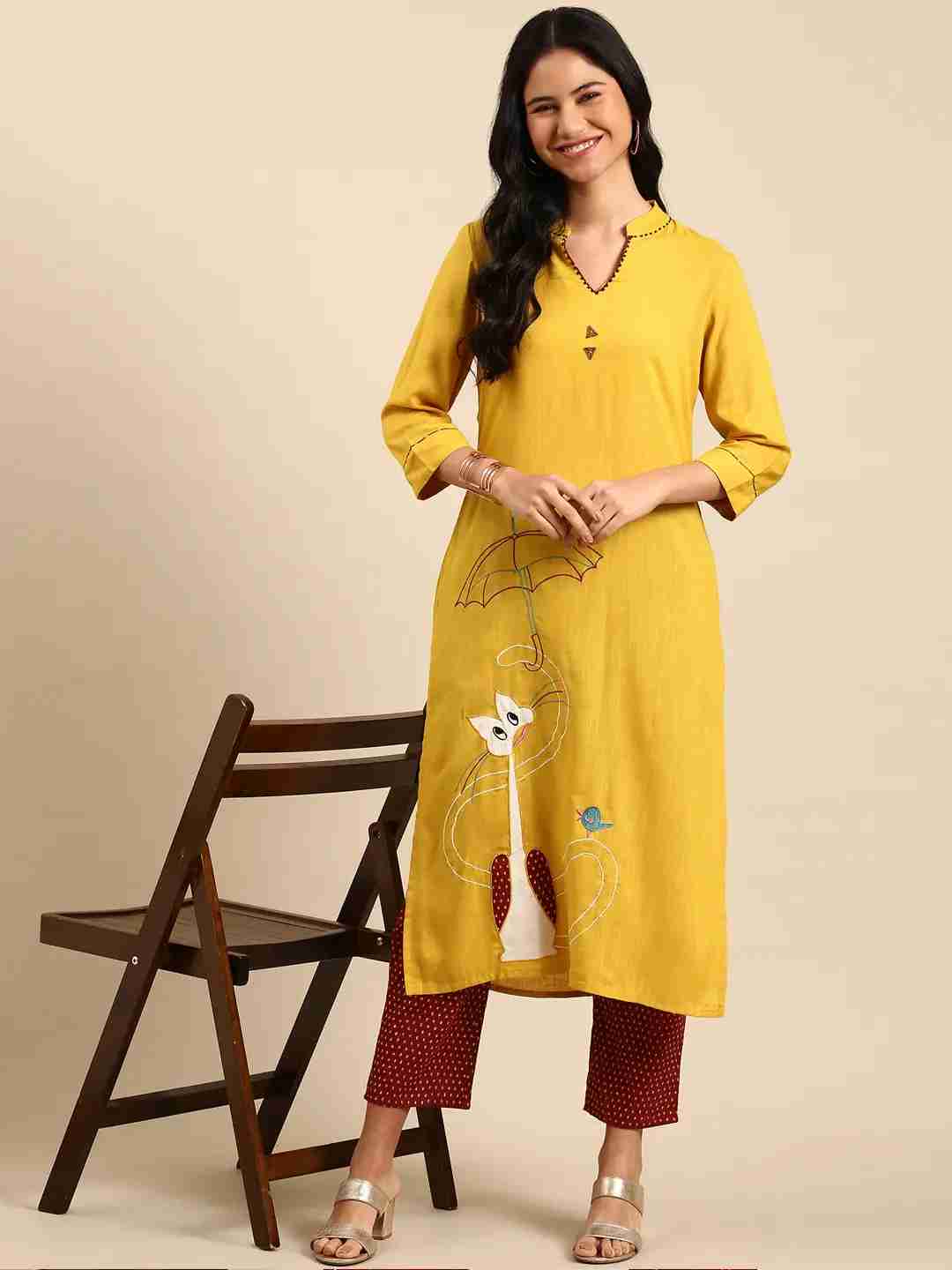 Showoff | SHOWOFF Women Yellow Solid Mandarin Collar Three-Quarter Sleeves Mid Length Straight Kurta Set 5