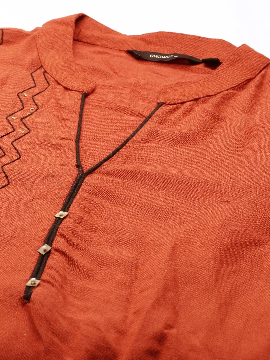 Showoff | SHOWOFF Women Rust Solid Mandarin Collar Three-Quarter Sleeves Mid Length Straight Kurta Set 1