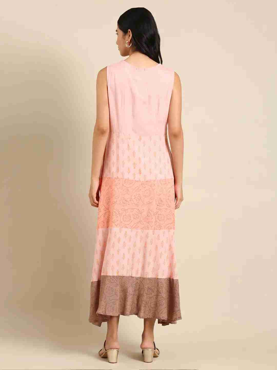 SHOWOFF Women Peach Colourblocked V Neck Sleeveless Ankle Length Anarkali Kurta