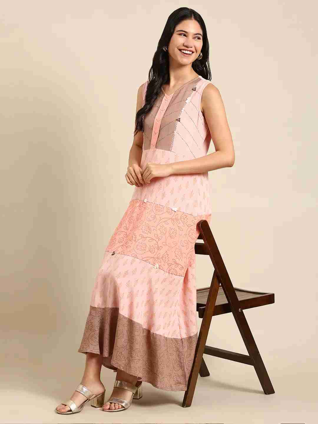 SHOWOFF Women Peach Colourblocked V Neck Sleeveless Ankle Length Anarkali Kurta