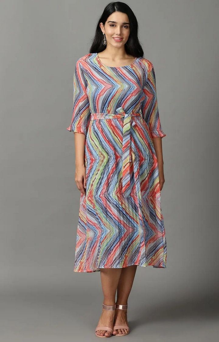 Showoff | SHOWOFF Women Multi Printed Round Neck Three-Quarter Sleeves Maxi A-Line Dress 0