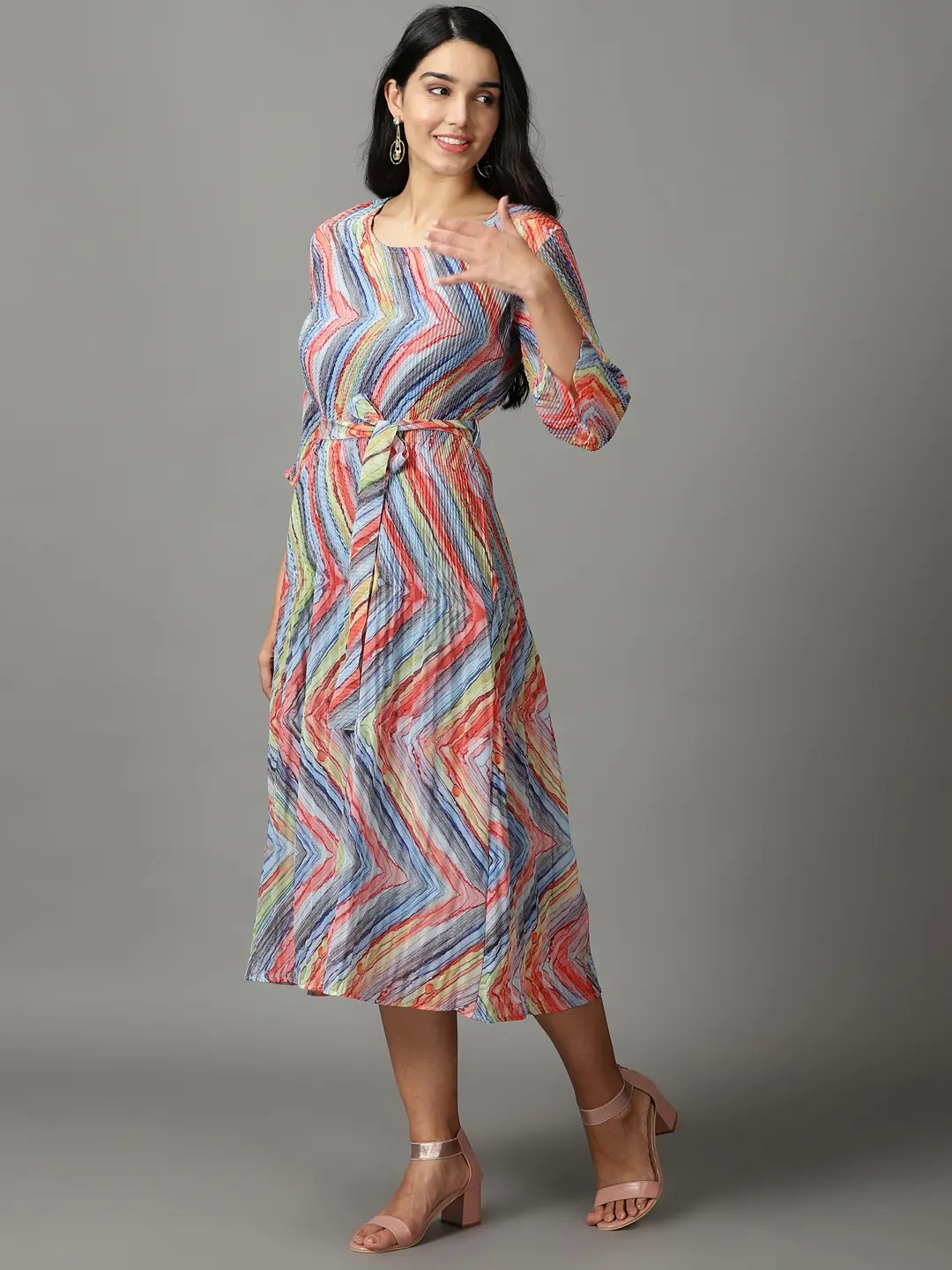 Showoff | SHOWOFF Women Multi Printed Round Neck Three-Quarter Sleeves Maxi A-Line Dress 2