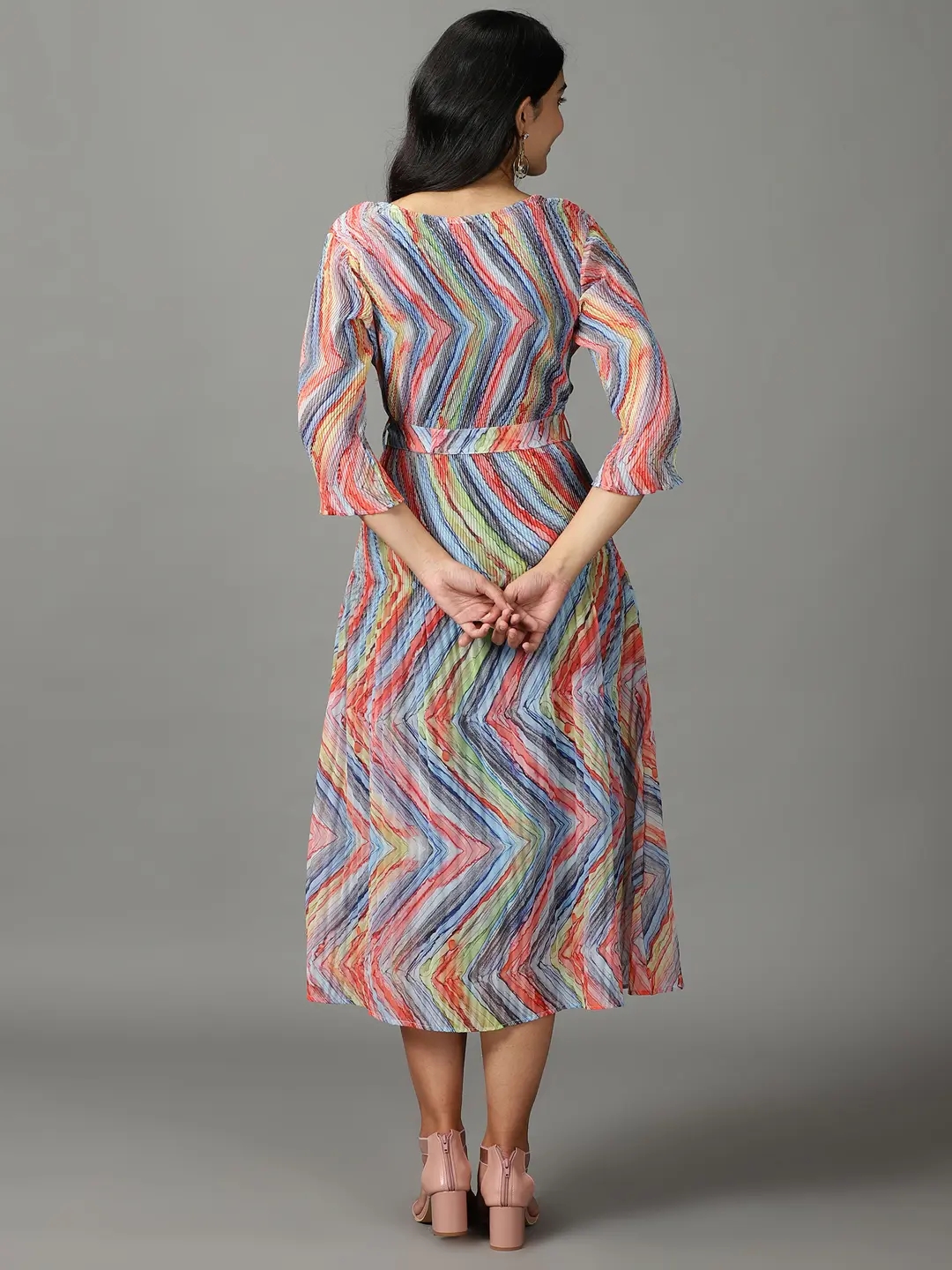 Showoff | SHOWOFF Women Multi Printed Round Neck Three-Quarter Sleeves Maxi A-Line Dress 3