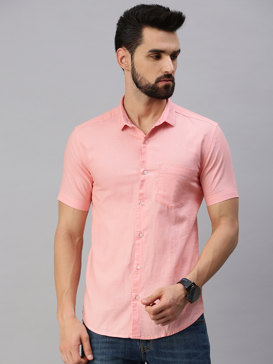 Showoff | SHOWOFF Men Pink Solid Slim Collar Short Sleeves Casual Shirt 1