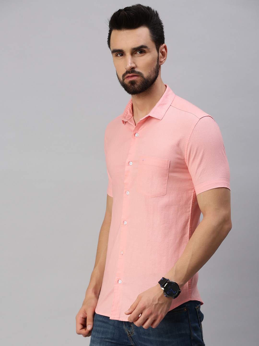 Showoff | SHOWOFF Men Pink Solid Slim Collar Short Sleeves Casual Shirt 2